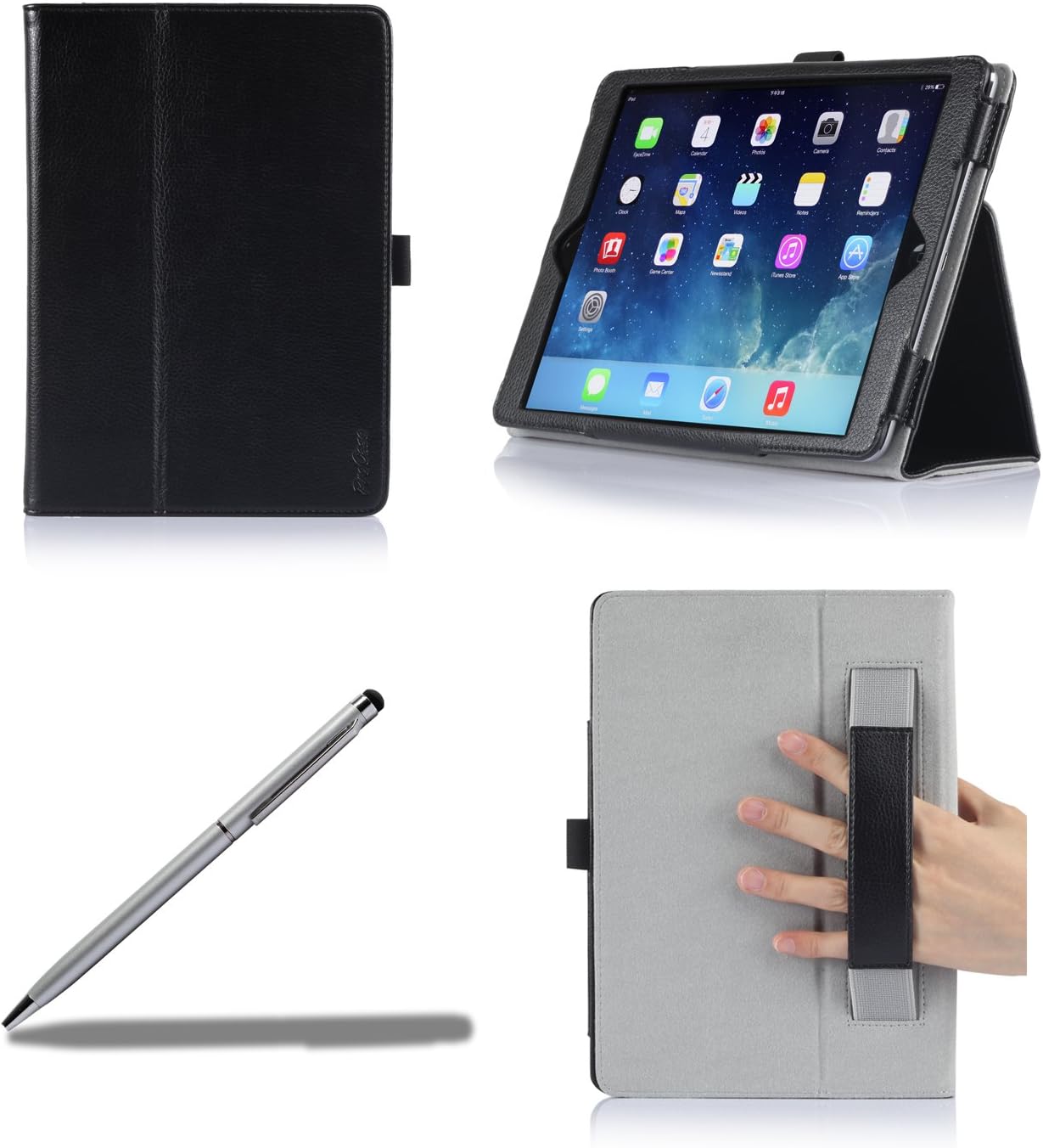 ProCase Apple iPad Air Case with Bonus Stylus Pen - Flip Stand Leather Folio Cover for Apple iPad Air, iPad 5, iPad 5th Generation, auto Sleep/Wake Built-in Stand (Black)