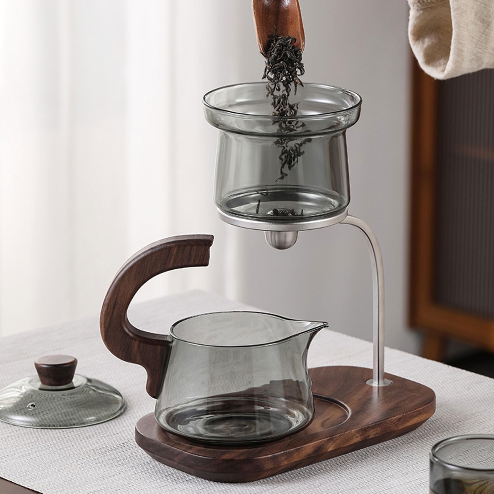 Zerodis Kungfu Tea Set Théière en Verre avec Couvercle et Support Machine à thé Goutte à Goutte Semi-automatique Verre à Haute Teneur en Borosilicate Infuseur Amovible de 350 Ml pour thé en Vrac à