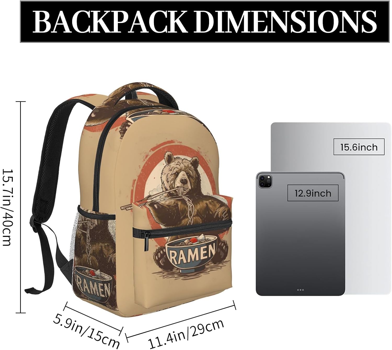 Ramen Bear Backpack, Travel Backpacks Laptop Rucksack for Women, School Bookbag for Kids Girls Boys Teens, Cute Animal Back Pack Accessories Bag for Work, Ideal Gifts for Wildlife Lovers