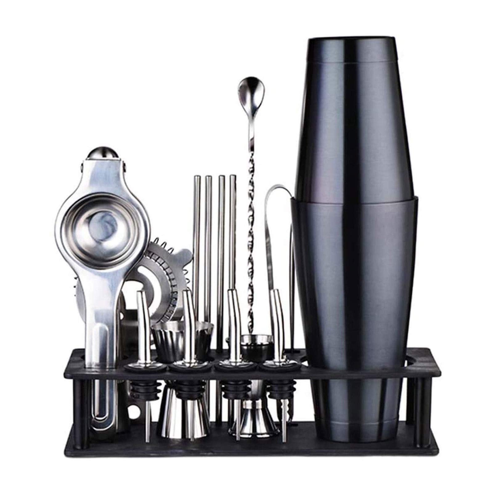Kit de Barman, kit Cocktail de 17 pièces Ensemble de Barre d'acier Inoxydable avec Support, 25 oz Shaker Tins, Jigger, Cuillère, Verses, Muddler, Filtre, Pinces, Bouchons, ouvre-Bouts