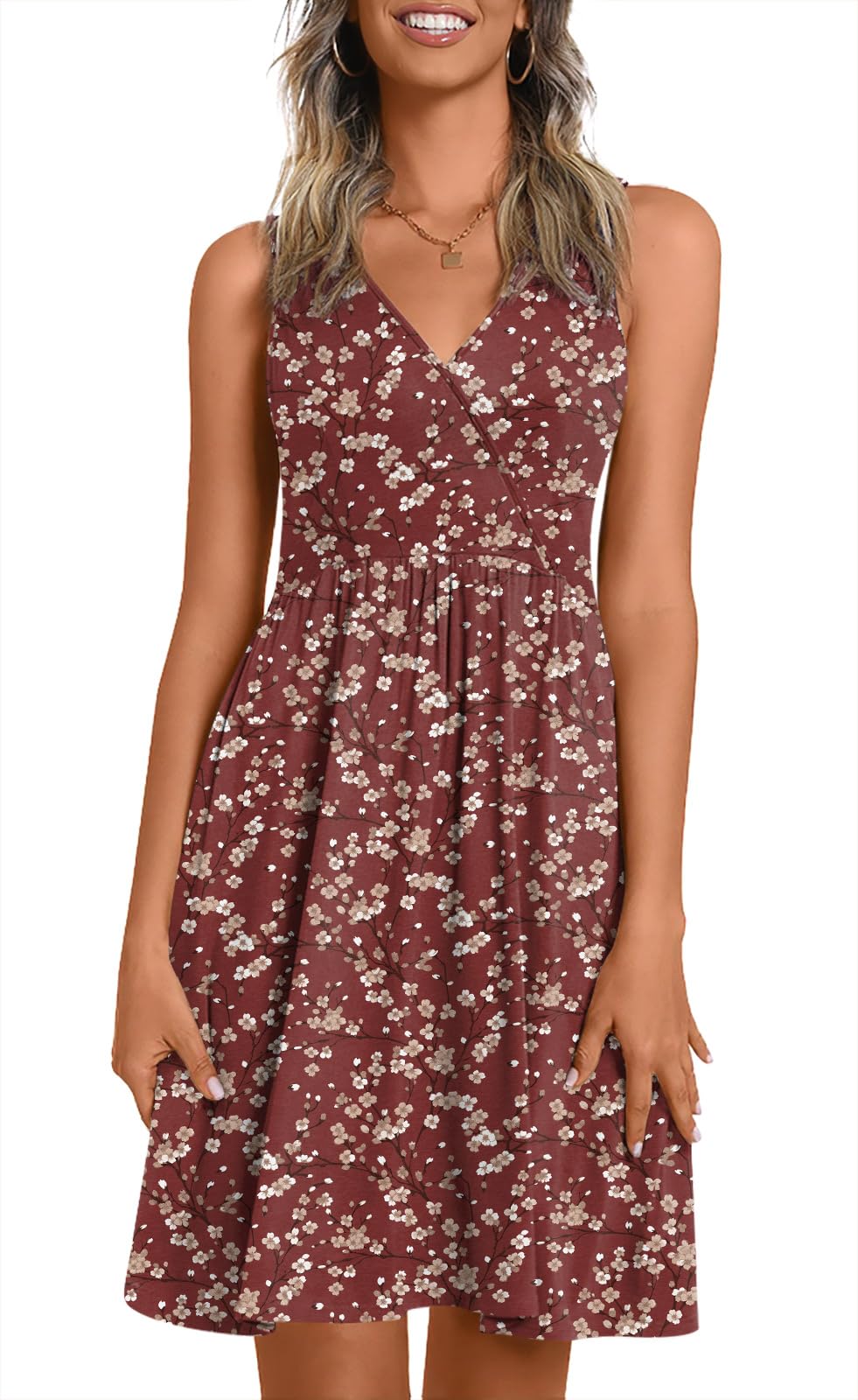 CATHY Women V Neck Sleeveless Dresses with Pockets Summer Sundress S-2XL