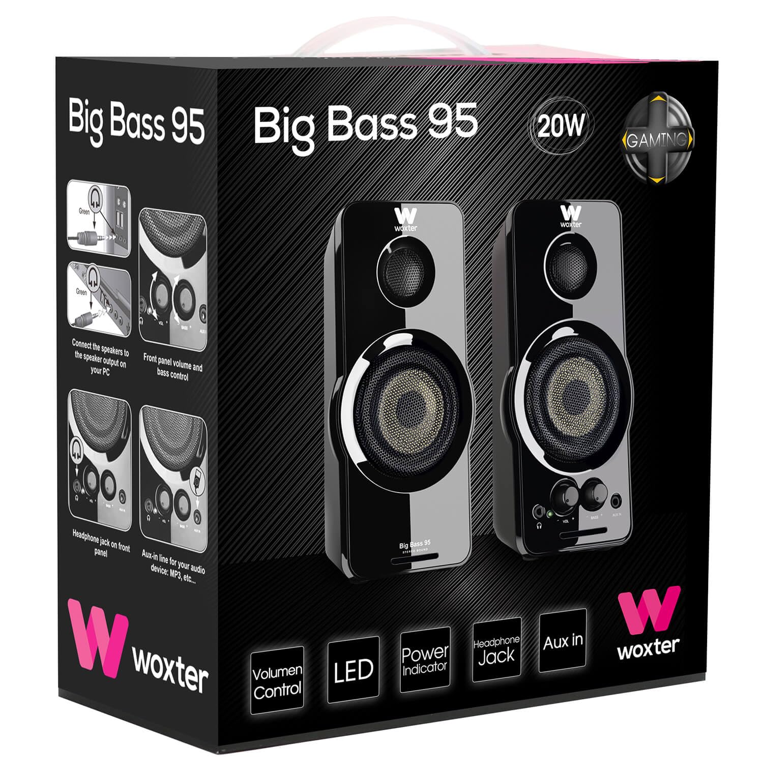 Woxter Big Bass 95 RGB - Altavoces Multimedia Estéreo, 20W, Potentes, conexión 3,5mm, iluminación RGB, Botones y Conexiones AUX y Cascos en Parte Frontal, PC/Smartphones y videoconsolas