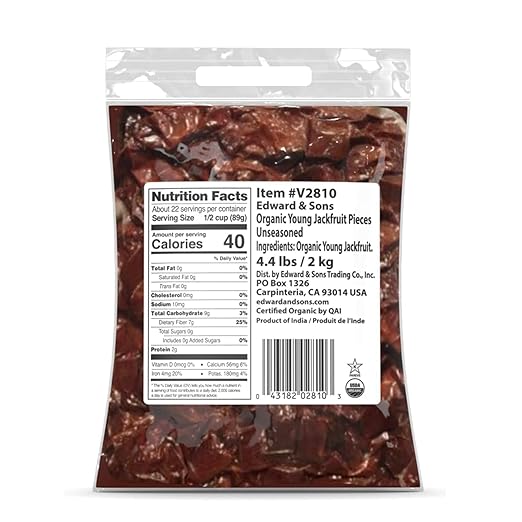 Edward & Sons Organic Young Jackfruit - Jackfruit Organic, Vegan Meat, Vegan Fruit, Plant Based Meat, Vegan Meat Substitute, Unseasoned - 4.4 Pounds
