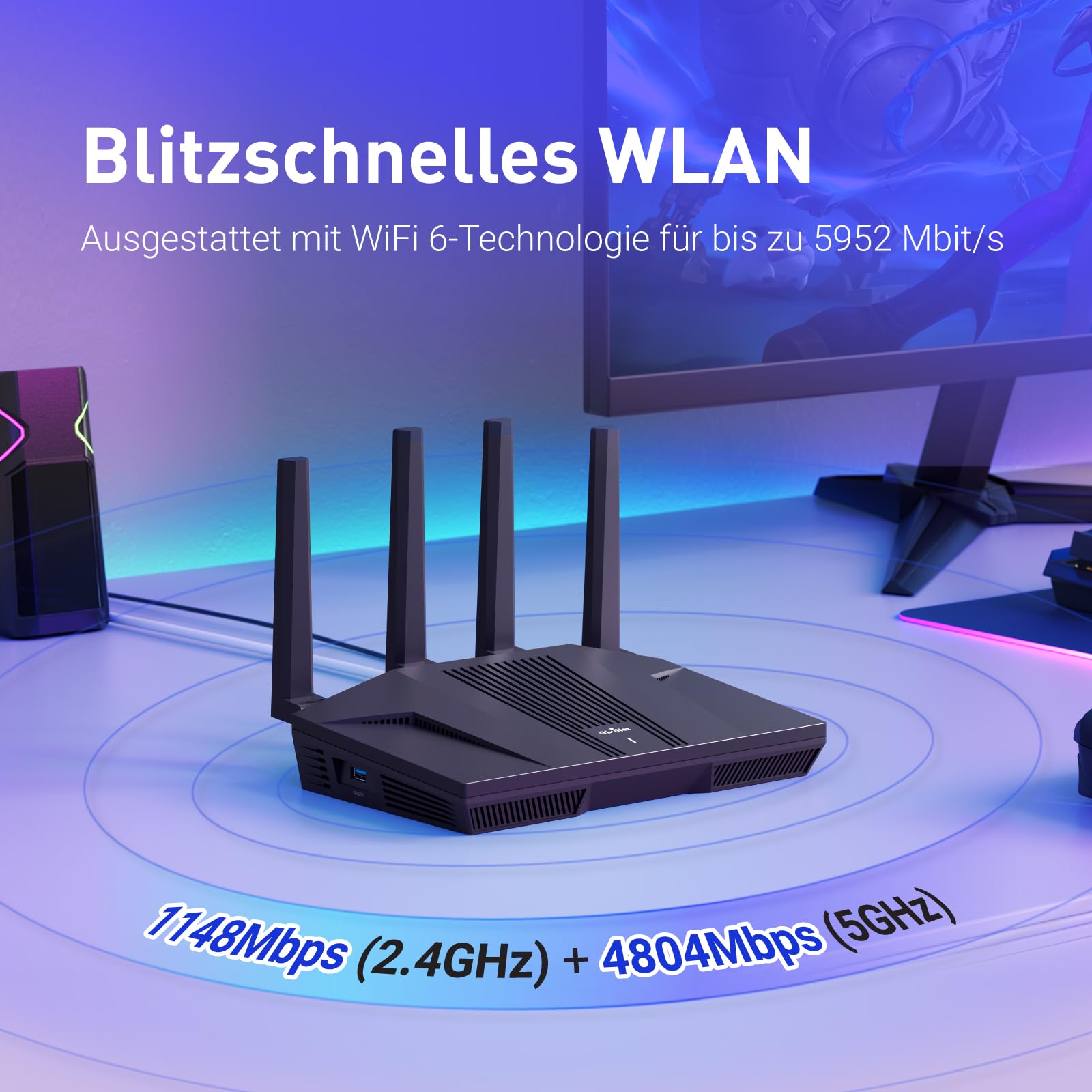 GL.iNet GL-MT6000(Flint 2) WiFi 6 Router | Gaming-WLAN-Router | 2 x 2,5G Multi-Gig-Port + 4 x 1G Ethernet-Ports | Massengerätekonnektivität | Schnelles OpenVpn & WireGuard | 802.11ax