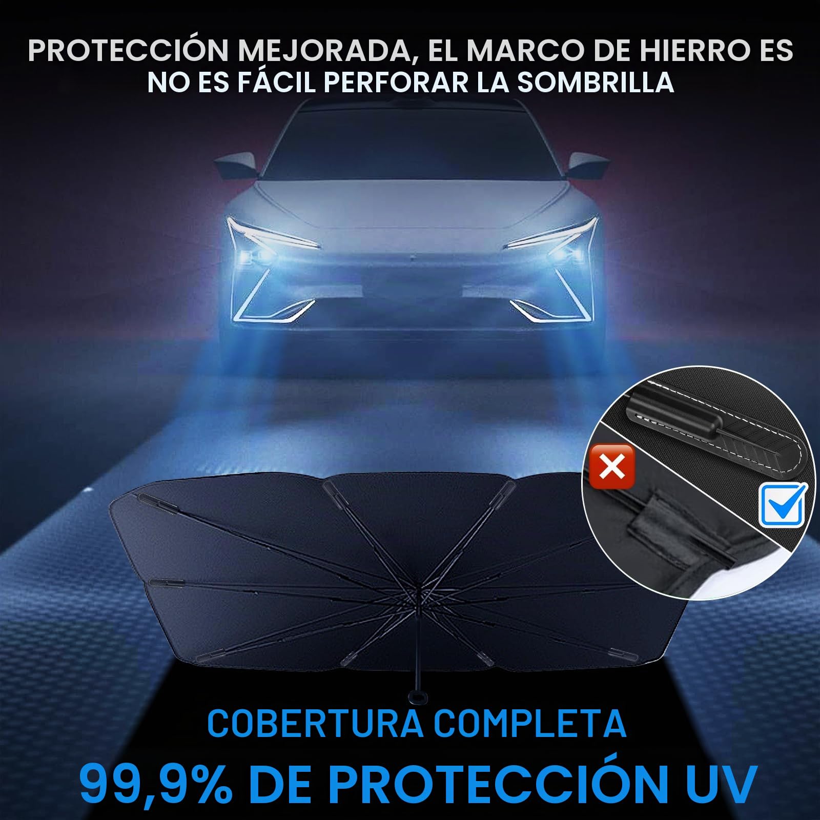 Paraguas Anti-Sol para Coche, Parabrisas Plegable del Automóvilde automóviles con Mango de Cuerda Anti - raspado, tamaño Flexible, fácil de Instalar, Adecuado para el estacionamiento al Aire Libre