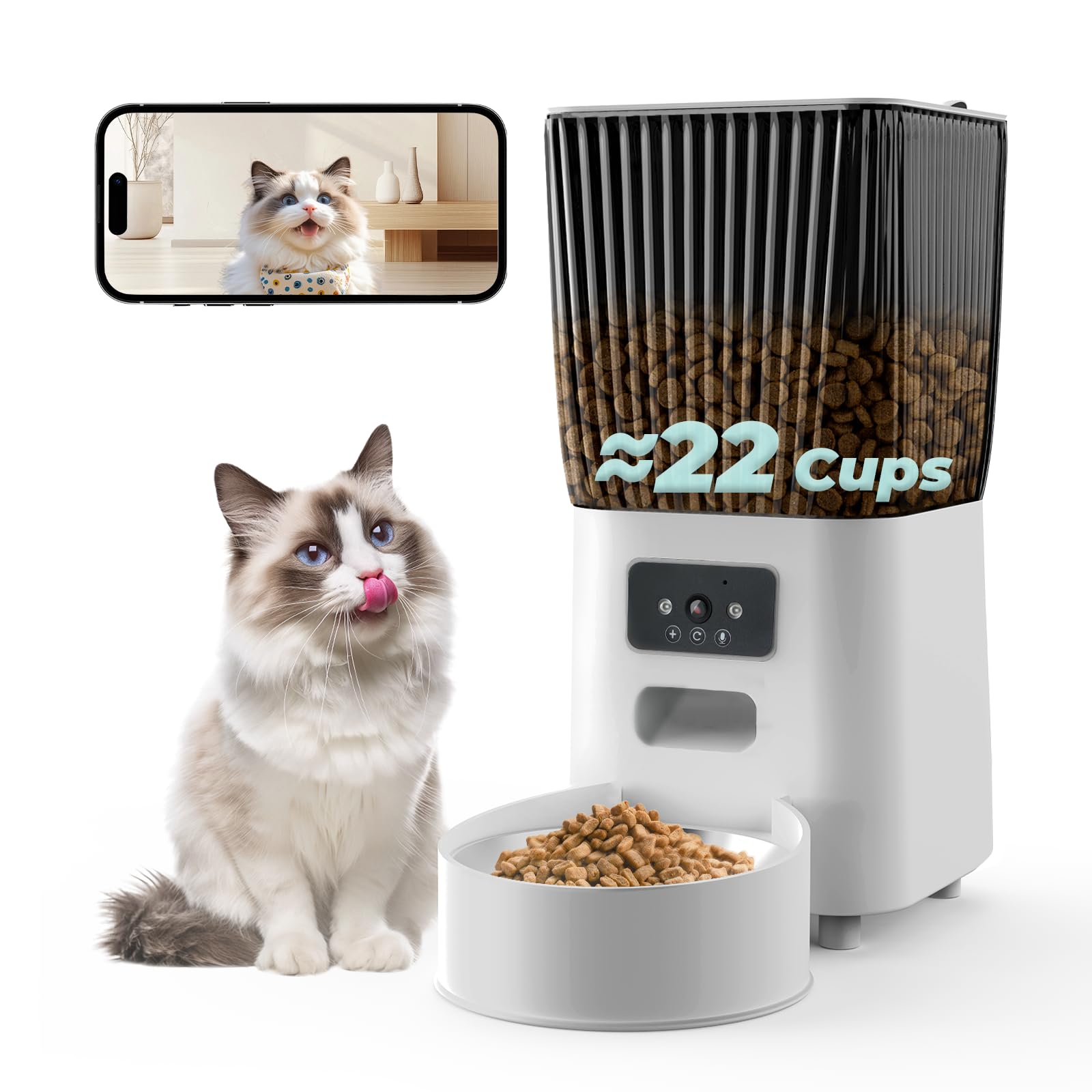 Automatic Cat Feeder with Camera, 5L Smart Dog Food Dispenser with App Control, 1080P Night Vision, Two-Way Audio. 22 Cups Large Hopper, Motion Detection, Timer (5L Single Bowl)