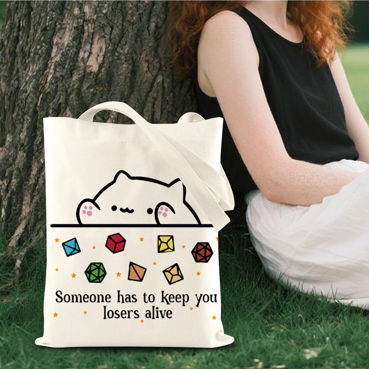 DnD Collection Tote Bag for Women, Cat Throwing Dice, Dungeon Master, Dragons Gamer Gift, Dungeons And Dragons Gifts for Women, Reusable Canvas Cute Shoulder Bag for Shopping, Grocery, Work, Book