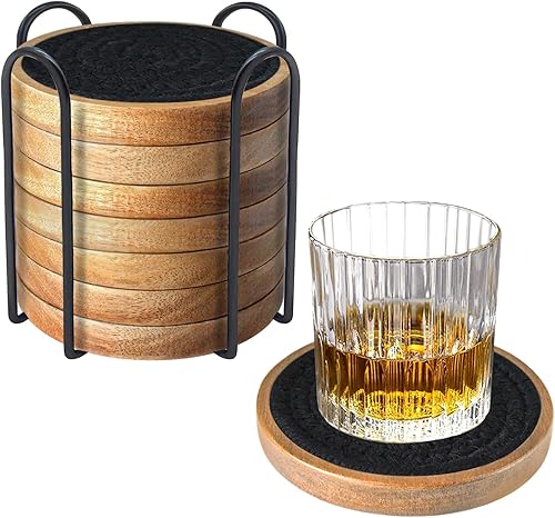 Miniatura 20 de Paquete de 5 posavasos absorbentes para bebidas, posavasos tejidos de 4.3 pulgadas para mesas de café, posavasos de madera para protección de mesa,