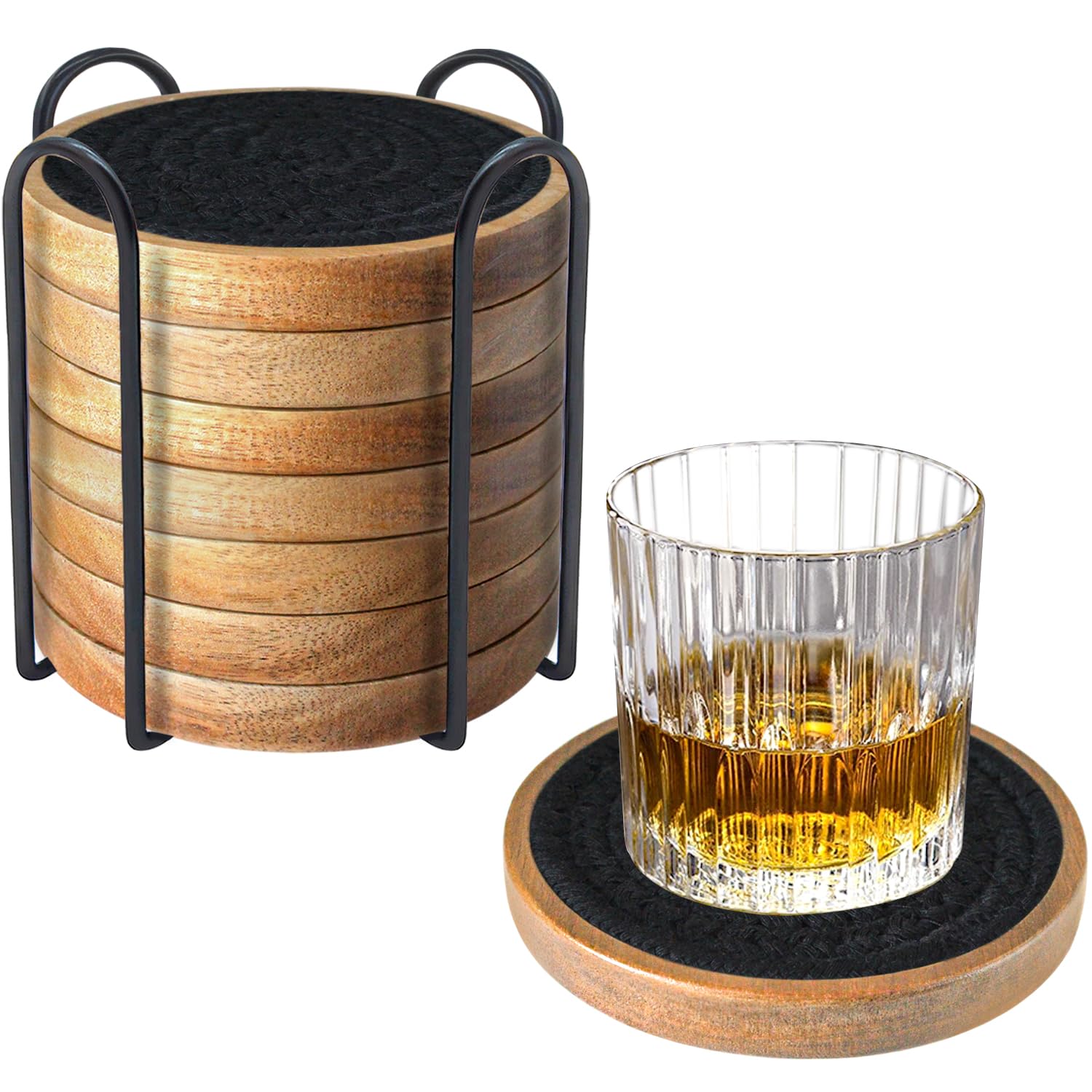 Eykao Wood Coasters for Drinks, Absorbent Coaster Sets of 8, Woven Drink Coasters for Coffee Table, Housewarming Gift for Farmhouse Home Decor,4.3