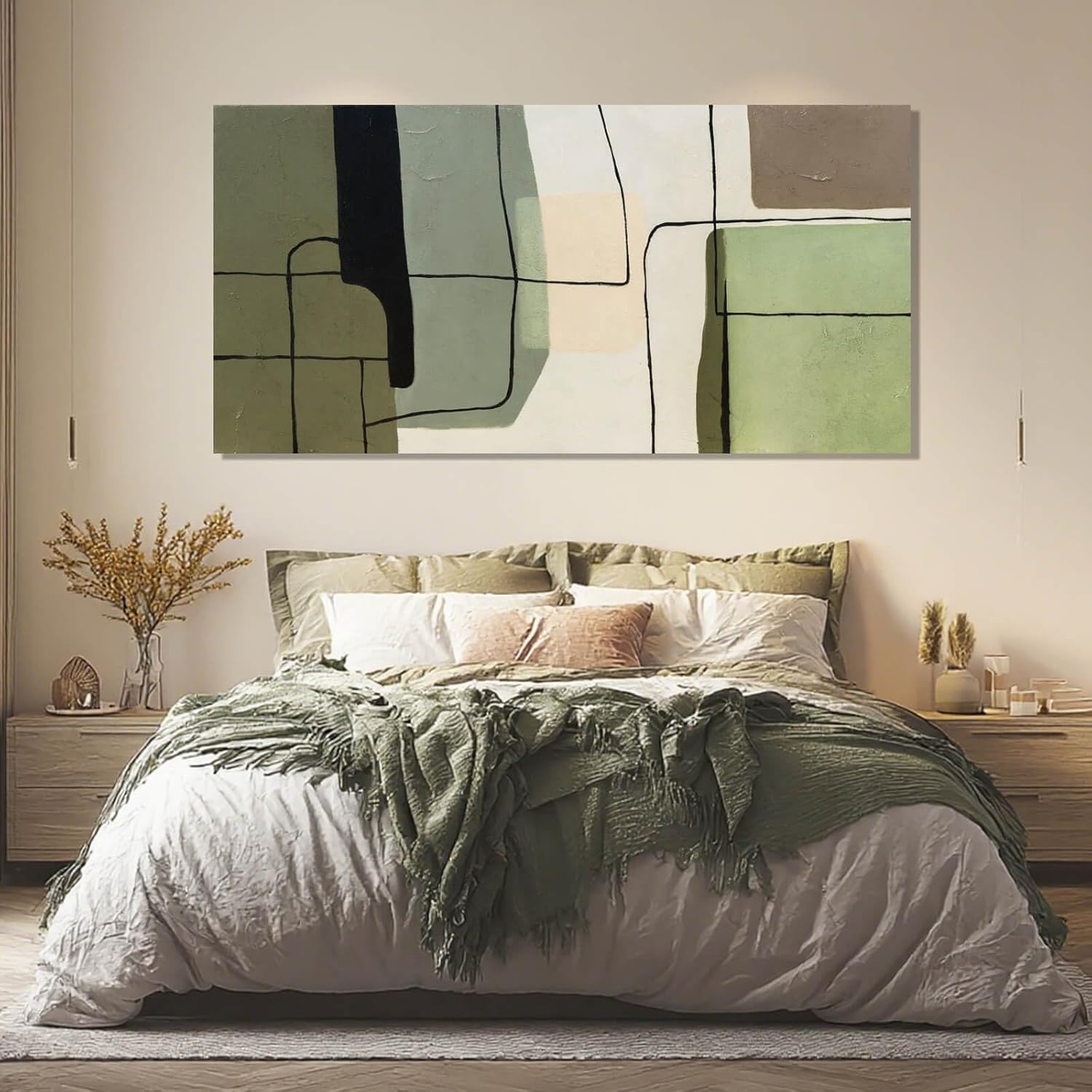 Framed Green Abstract Wall Art and White Modern Wall Decor, Modern Canvas Prints for Living Room, Bedroom, or Office, 24" x 48"