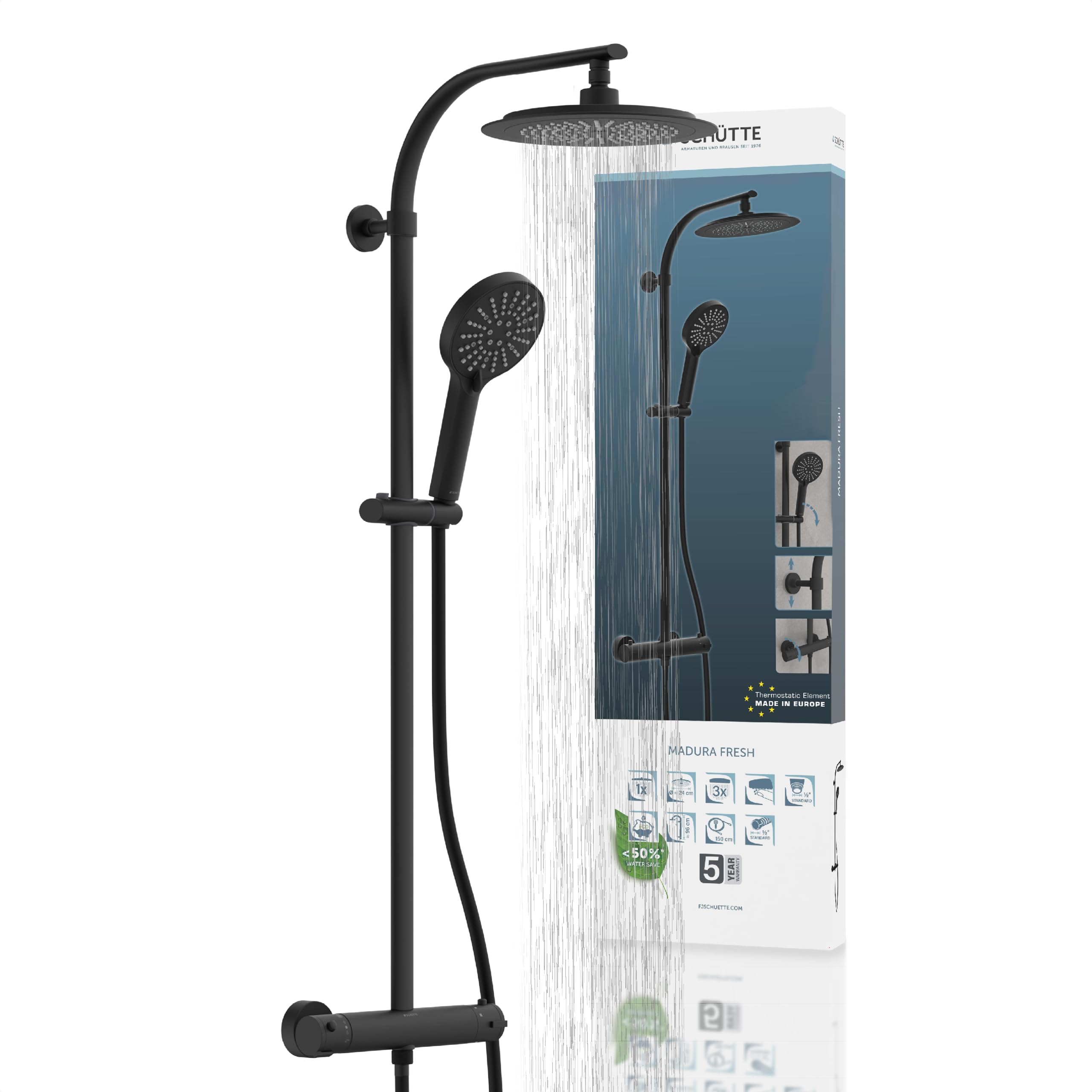 Ensemble de Douche SCHÜTTE MADURA FRESH Noir Mat Colonne Pomme Tête Salle de Bain Maison