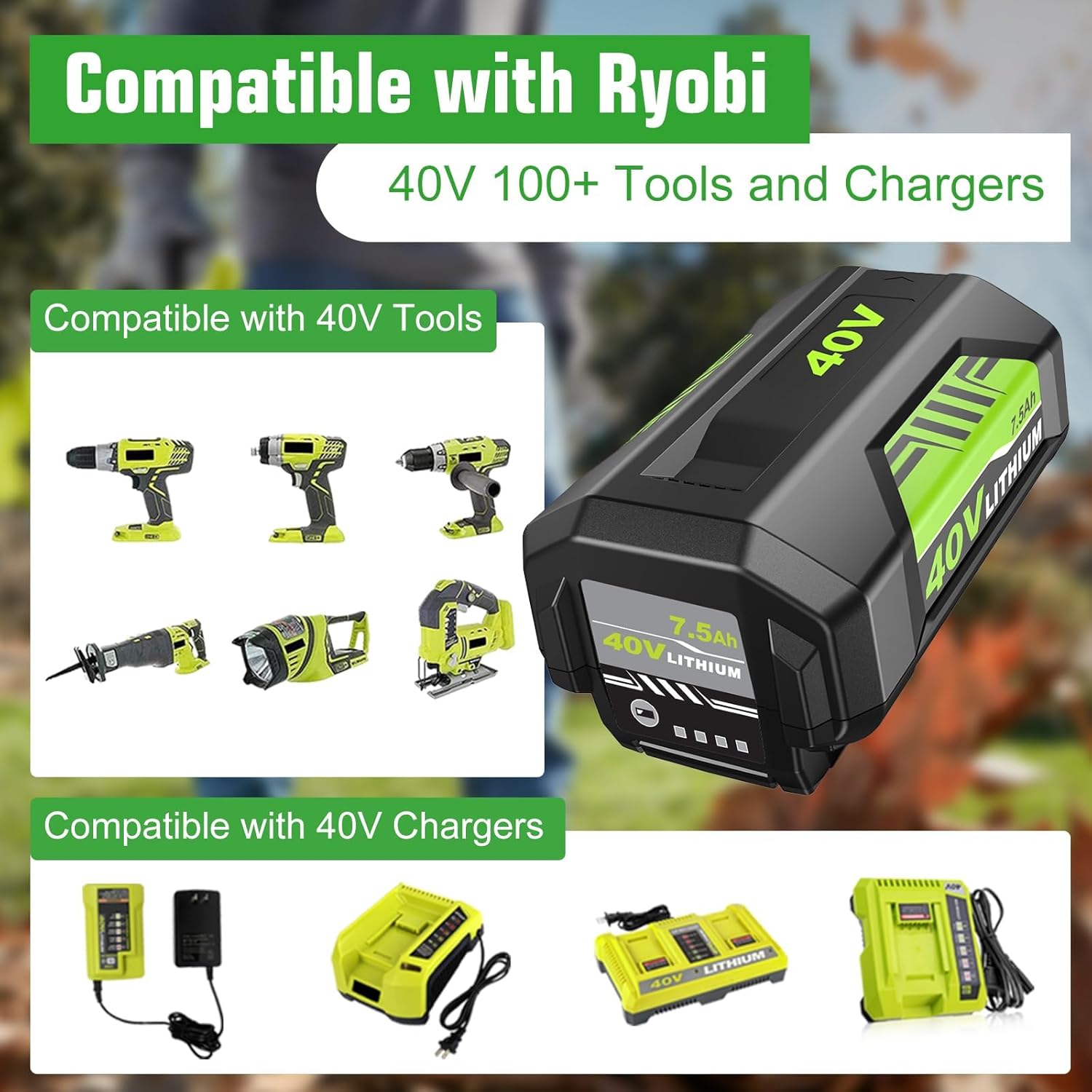2Pack High Capacity 7.5Ah Replacement for Ryobi 40V Battery Lithium Ion and OP401 Charger Compatible with Ryobi 40 Volt Battery OP4026 OP4050 OP4040 OP4030 Replacement for 40v Charger (Green-7.5A)