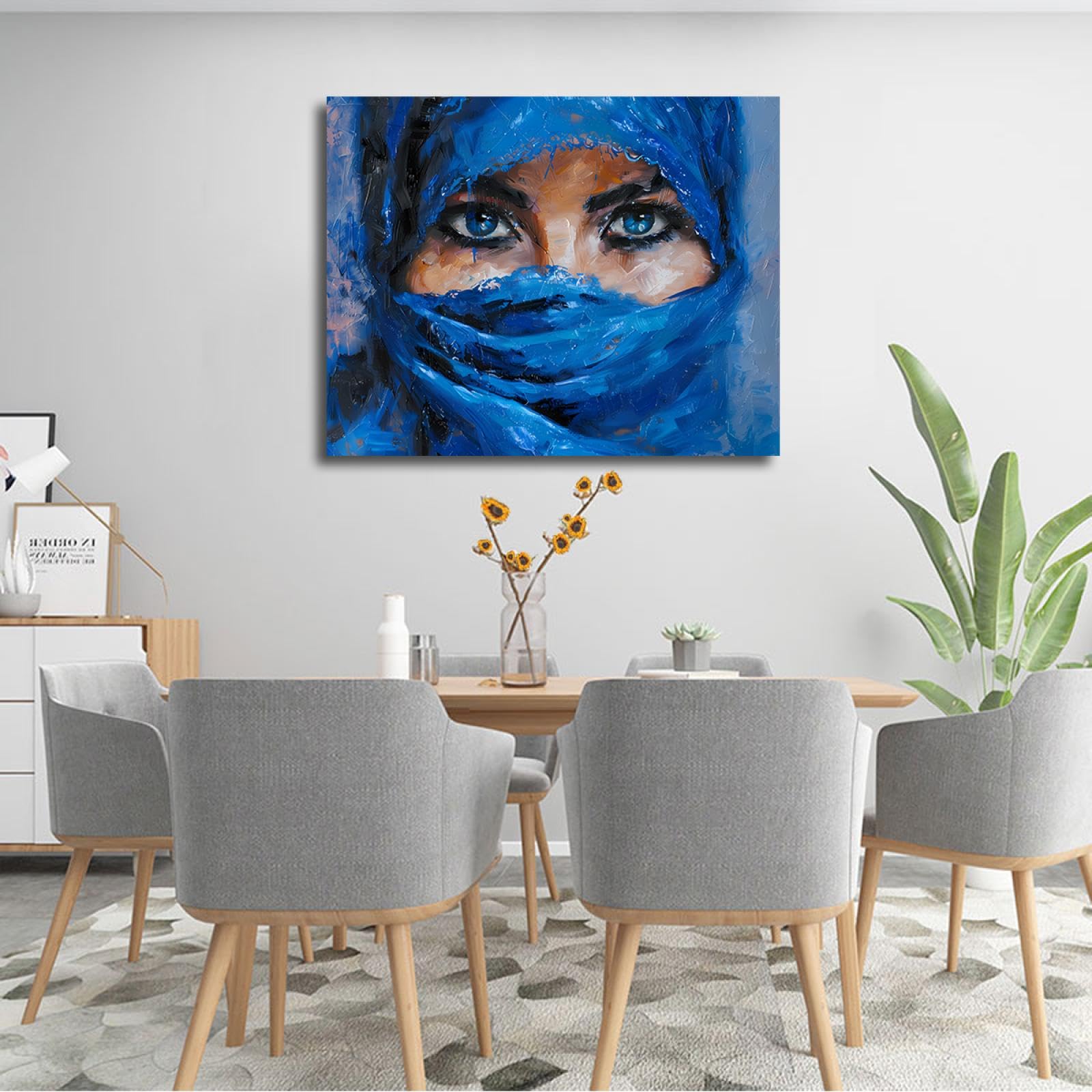 UIRINGART Femme mystérieuse Toile Peinture Yeux Bleus Impression Mur Art Décor Pour Salon Chambre Salle de Bain Bureau Exotique Affiche Images 30x40cm Cadre intérieur
