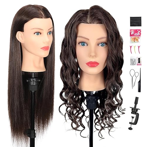 Firstwon Cabeza de maniquí de cabello humano - Cabeza de muñeca de maniquí de cosmetología con 80% cabello real para peluquería, práctica de