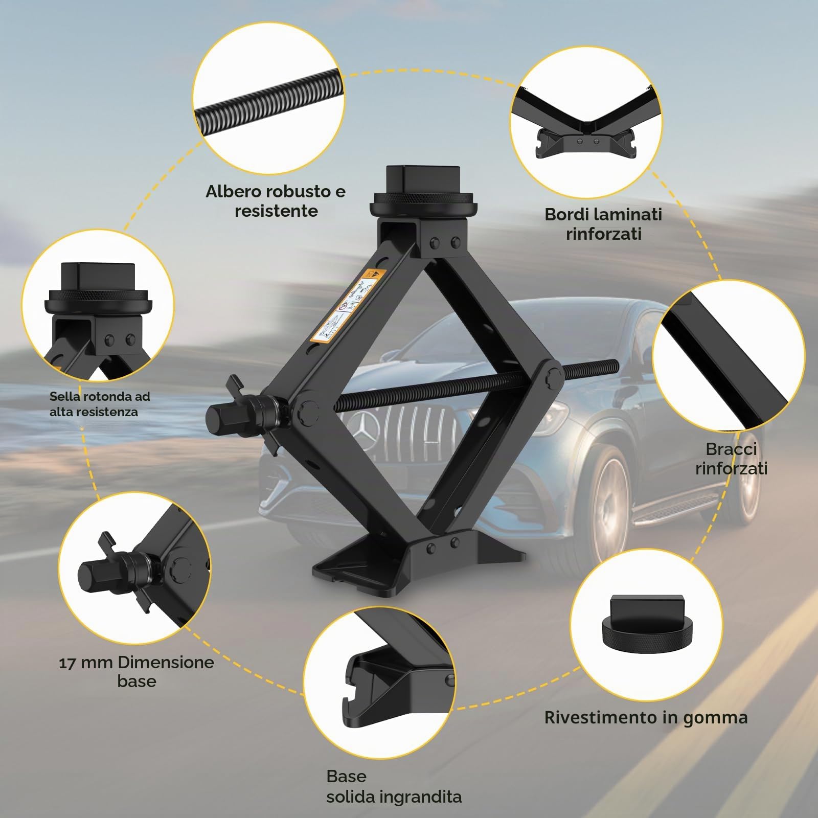IMAYCC Cric Per Auto Universale 2.5T/2500kg, Cric Auto Per Mercedes Benz Serie Con Tampone In Gomma,Cric Portatile Auto Con Chiave Per Dadi Ruota, Kit Emergenza Auto Per Auto Mercedes-Benz SUV MPV