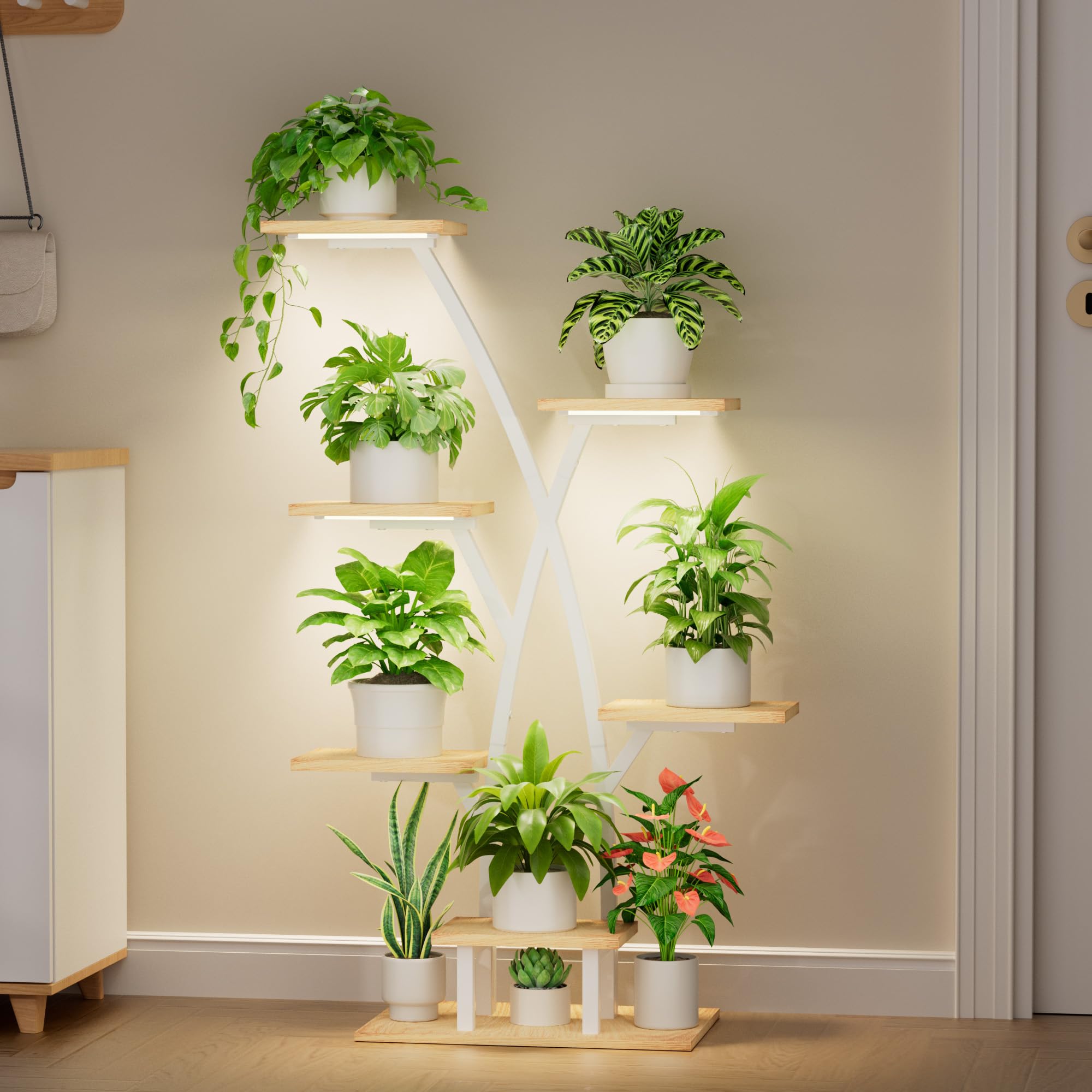 BACEKOLL Supporto per piante con luce di crescita, 7 livelli, 105 cm, in metallo e legno, per interni ed esterni, per interni, giardino, balcone (bianco)