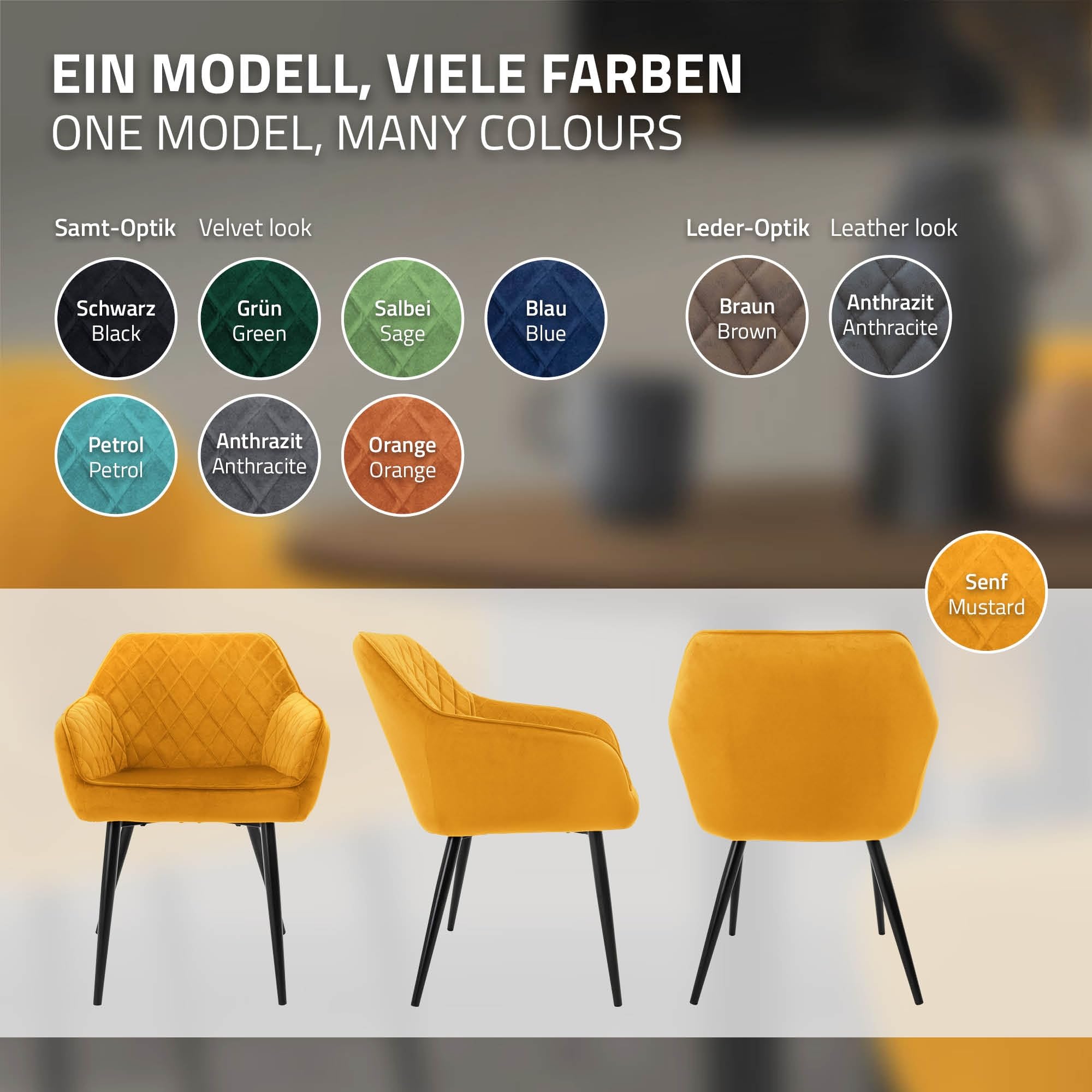 ML-Design Set 2X Sillas de Comedor Color Ocre Estilo Moderno Asiento Tapizado Aspecto de Terciopelo Patas de Metal Negras con Respaldo y Apoyabrazos Sillón Moderno de Salón Oficina Dormitorio Cocina
