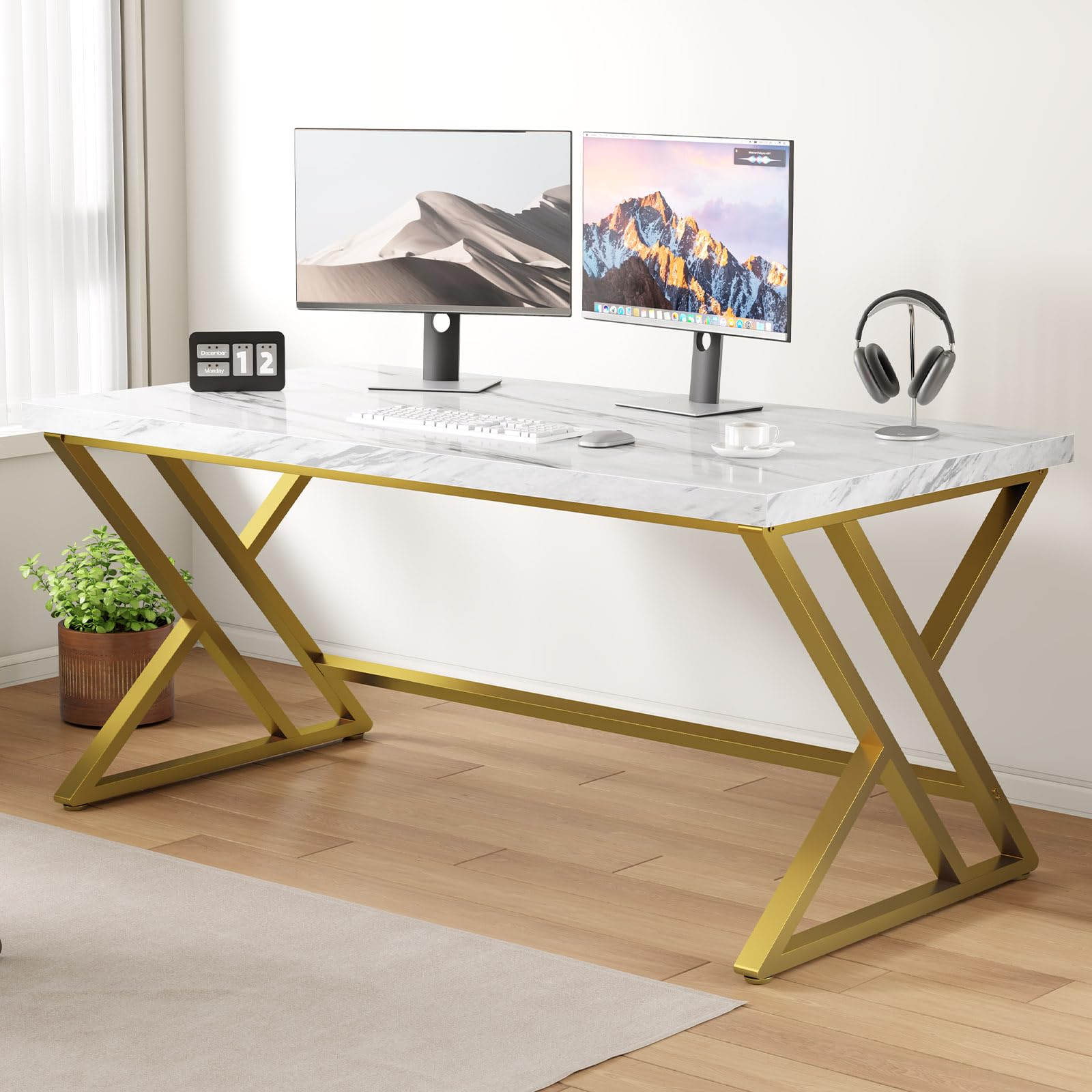 LVB Weißer und Goldener Schreibtisch, Holz-Kunstmarmor, Heimbüro, Computertisch, moderner Arbeitszimmer, Cheftisch für Gaming-Schreiben, einfacher Metallschreibtisch mit Stauraum für Schlafzimmer,