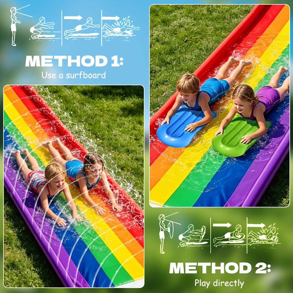 Wasserrutsche Garten 4.8x1.4m Doppel Wasserrutsche mit 2 Bodyboards & Sprinkler für Kinder Erwachsene
