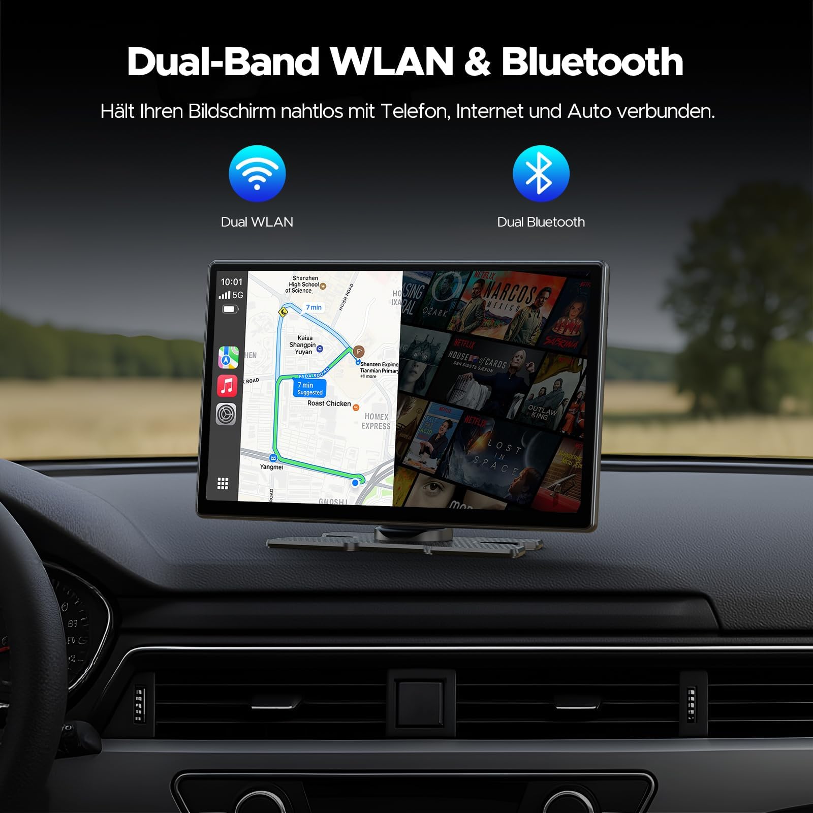 Volam schermo per auto carplay,con A-pple CarPlay e Android Auto,9" schermo,schermo carplay auto Net-flix YouTube,Telecamera Posteriore Navigazione Aggiornamento Siri/G00gle voice,iOS 10+ Android 11+