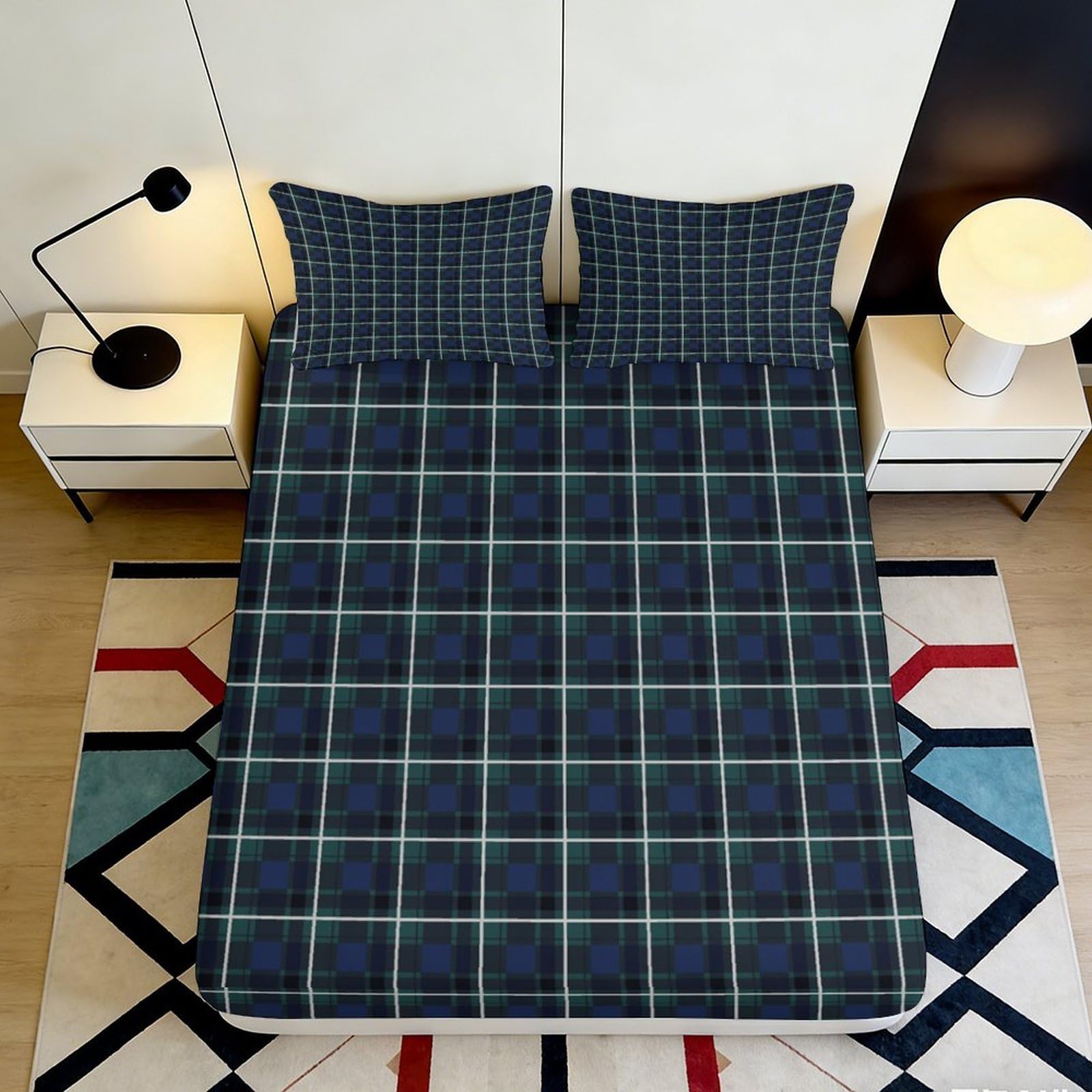 3D Printed Navy Green Plaid Fitted Sheet Microfiber Soft Bedroom Decor Checkered Mattress Cover for Home Dorm 90x200x25cm