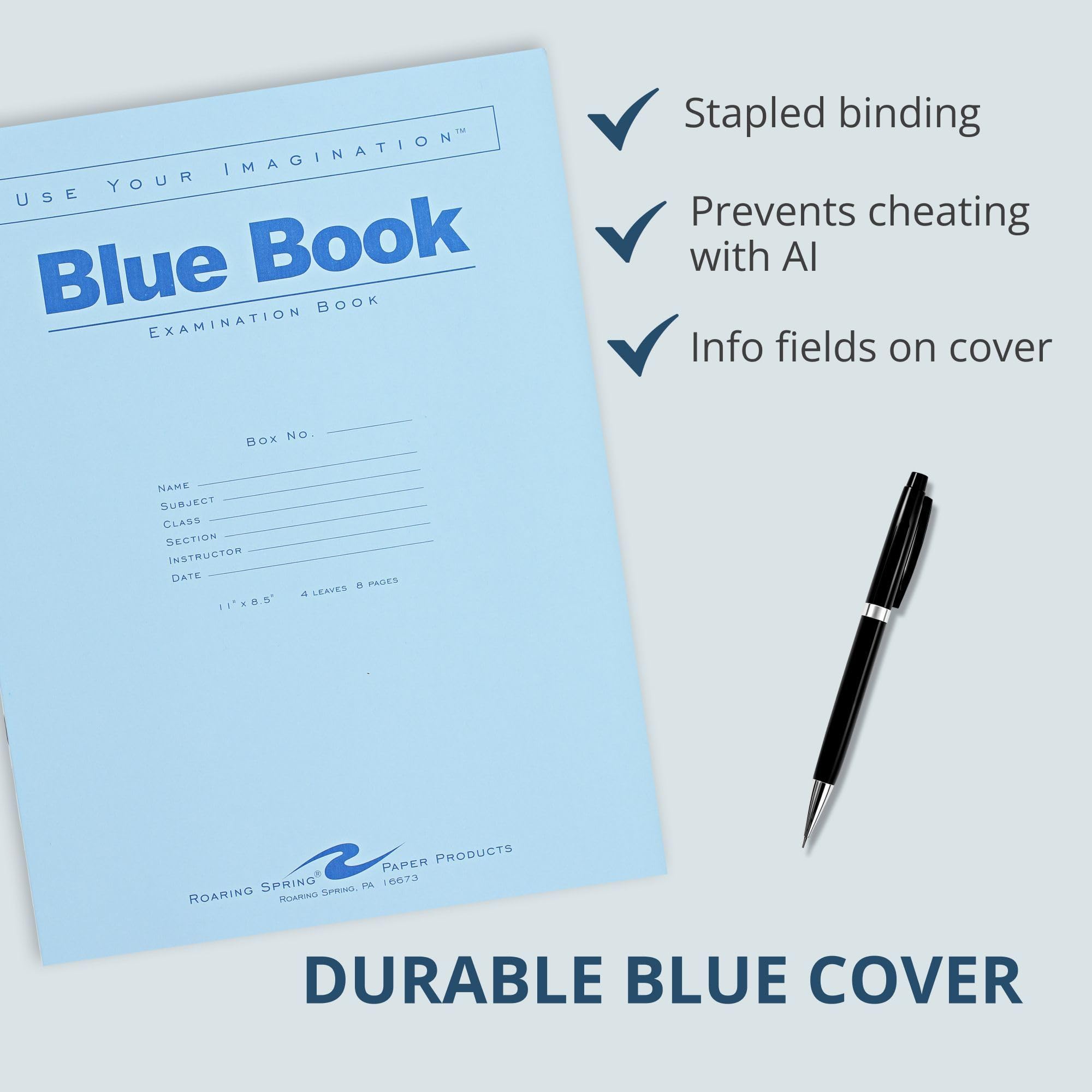 ROARING SPRING Test Blue Exam Book, 100 Stück, breit liniert mit Rand, 27,9 x 21,6 cm, 4 Blatt/8 Seiten, blauer Einband