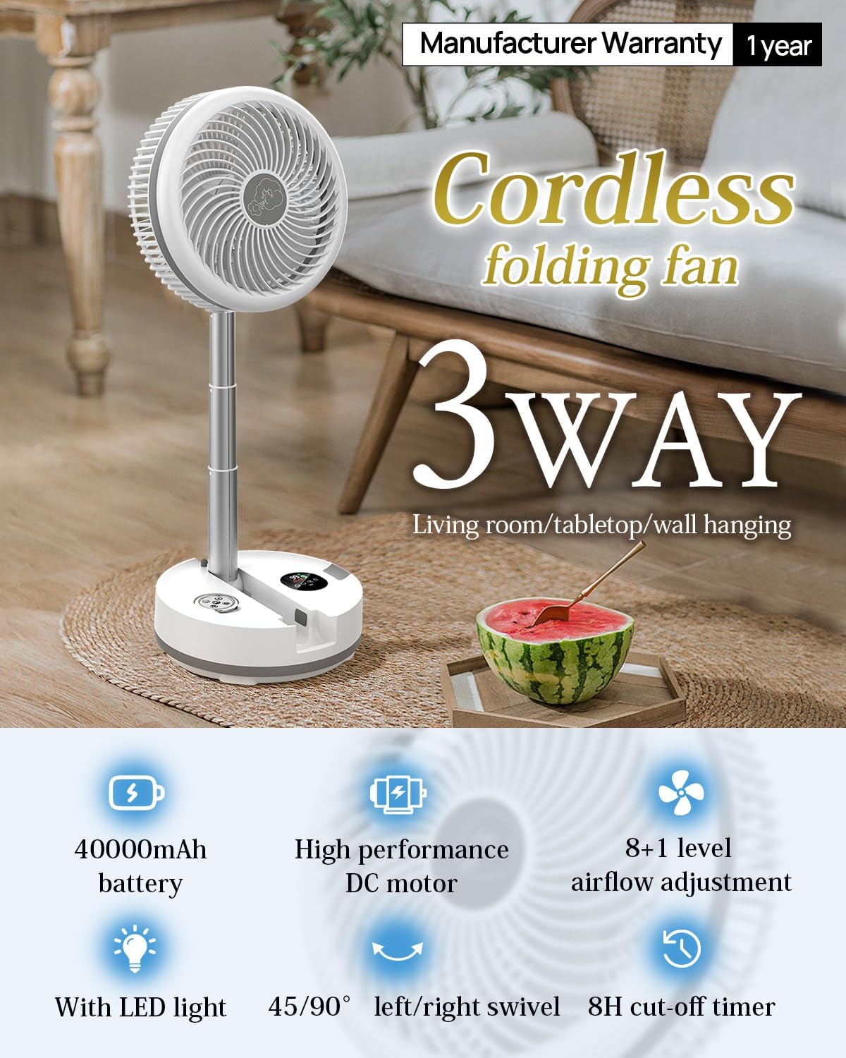 10 inch Portable Fan-Battery Operated Fan, Oscillating Rechargeable Fan with 40000mAh, Remote Control LED Lights, 114HR Run Time, Outdoor Portable Foldable Fan for Camping&travel (White) - Image 2