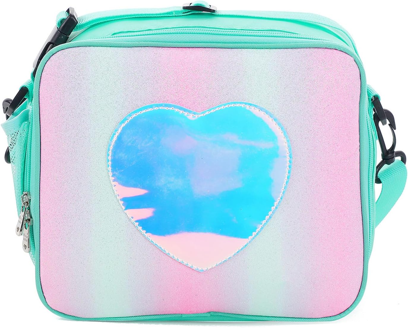 Kids Lunch Bag for Girls & Boys - Waterproof Insulated Lunch Tote with Adjustable Strap, Lightweight Nylon for School, Picnic, Travel (Green with Rainbow Glitter)