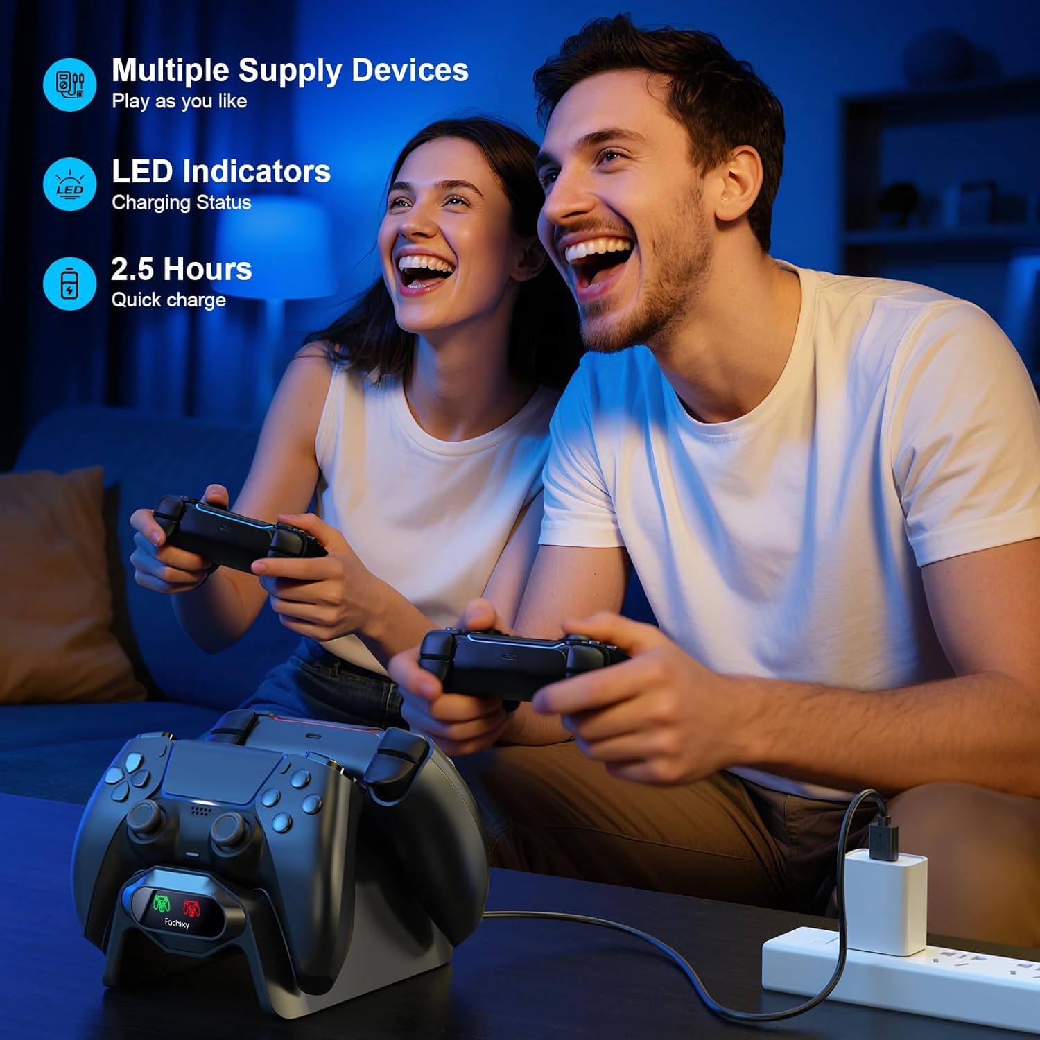 Fachixy Controller Charger for PS5, with 2-Hour Fast Charging chip, PlayStation 5 Charging Station with US Power Adapter and Cable, with LED Charging Status Indicator Light, Black - Image 7