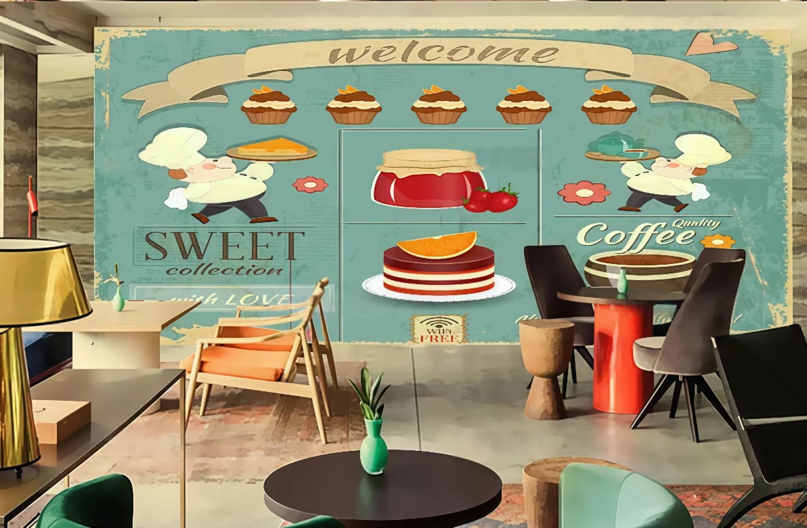 rskjdghshd Wallpaper Hand-Painted Cute Coffee Drinks Dessert Cake Shop Theme Western Restaurant Background Wall Mural Afternoon Tea Coffee Shop Wallpaper,3D,400x280cm