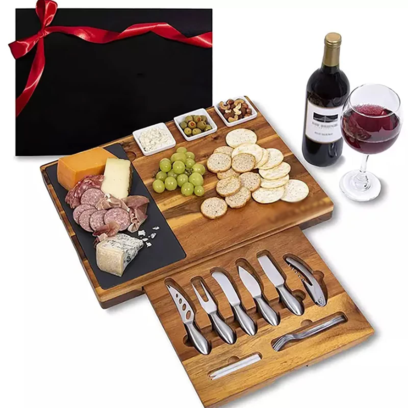 Käseplatte, Wurstplatte, Käse, Fleisch, Wein, Serviertablett Und Messerset Mit Besteck Und Ausziehbarer Schublade, Käseplatten, Komplett Ausgestattet, Für Wein, Cracker, Brie Und Fleisch