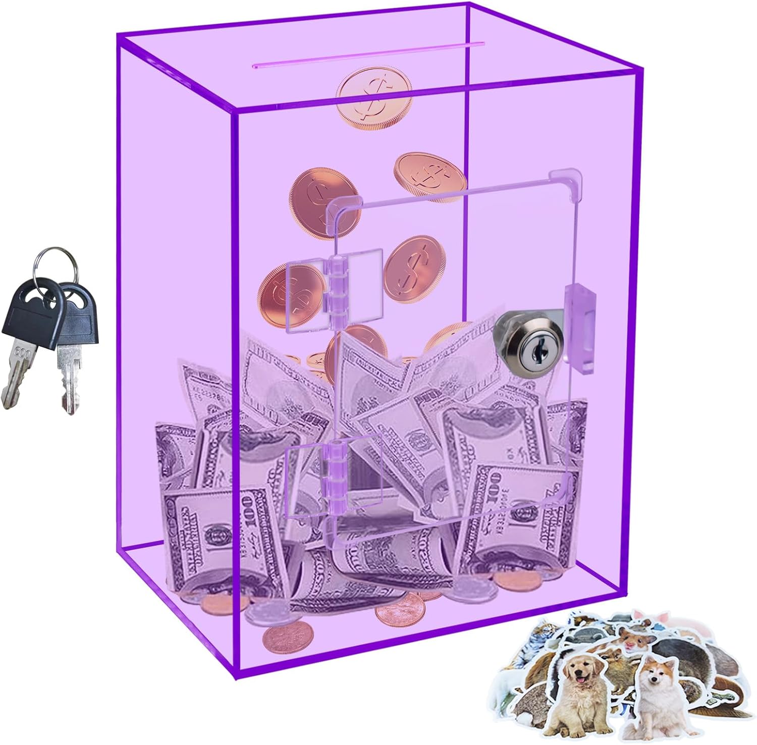 Large Clear Acrylic Piggy Bank with Key for Adults Kids, Transparent Money Box for Cash Savings, Openable and Reusable Coin Bank Change Jar for Real Money, Ideal Gift for All Ages (Purple)
