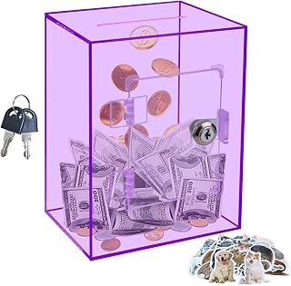 Large Clear Acrylic Piggy Bank with Key for Adults Kids, Transparent Money Box for Cash Savings, Openable and Reusable Coin Bank Change Jar for Real Money, Ideal Gift for All Ages (Purple)