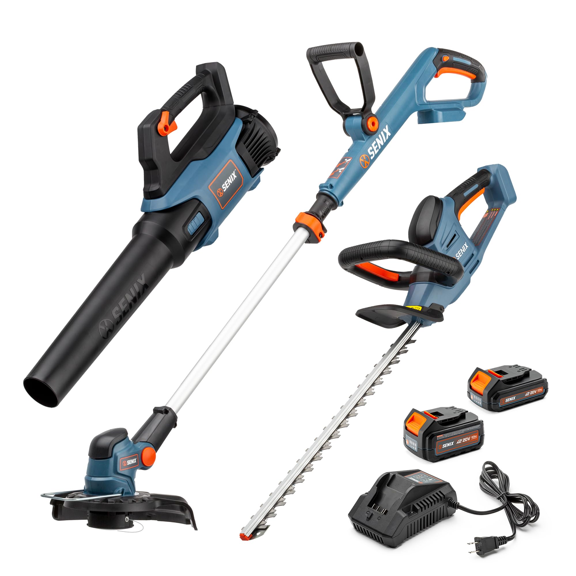 SENIX X2 20 Volt Max* 3-Piece Cordless Power Tool Combo Kit with Battery Powered 10" String Trimmer, Variable Speed Leaf Blower, 18" Hedge Trimmer, Includes 2 Batteries & Battery Charger (S2K3B2-01)