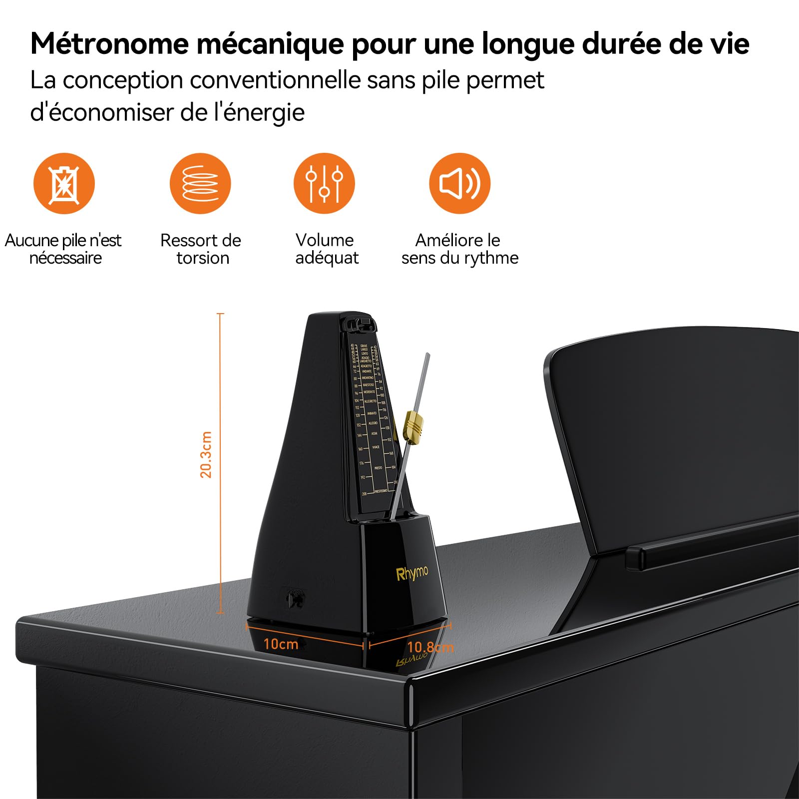 Rhymo Métronome Mécanique à Mouvement Métallique - 4 Temps Précis, 40-208 BPM - pour Guitare, Piano, Tambour & Violon, Son Rythme Fort et Clair, Idéal pour Débutants (Noir)