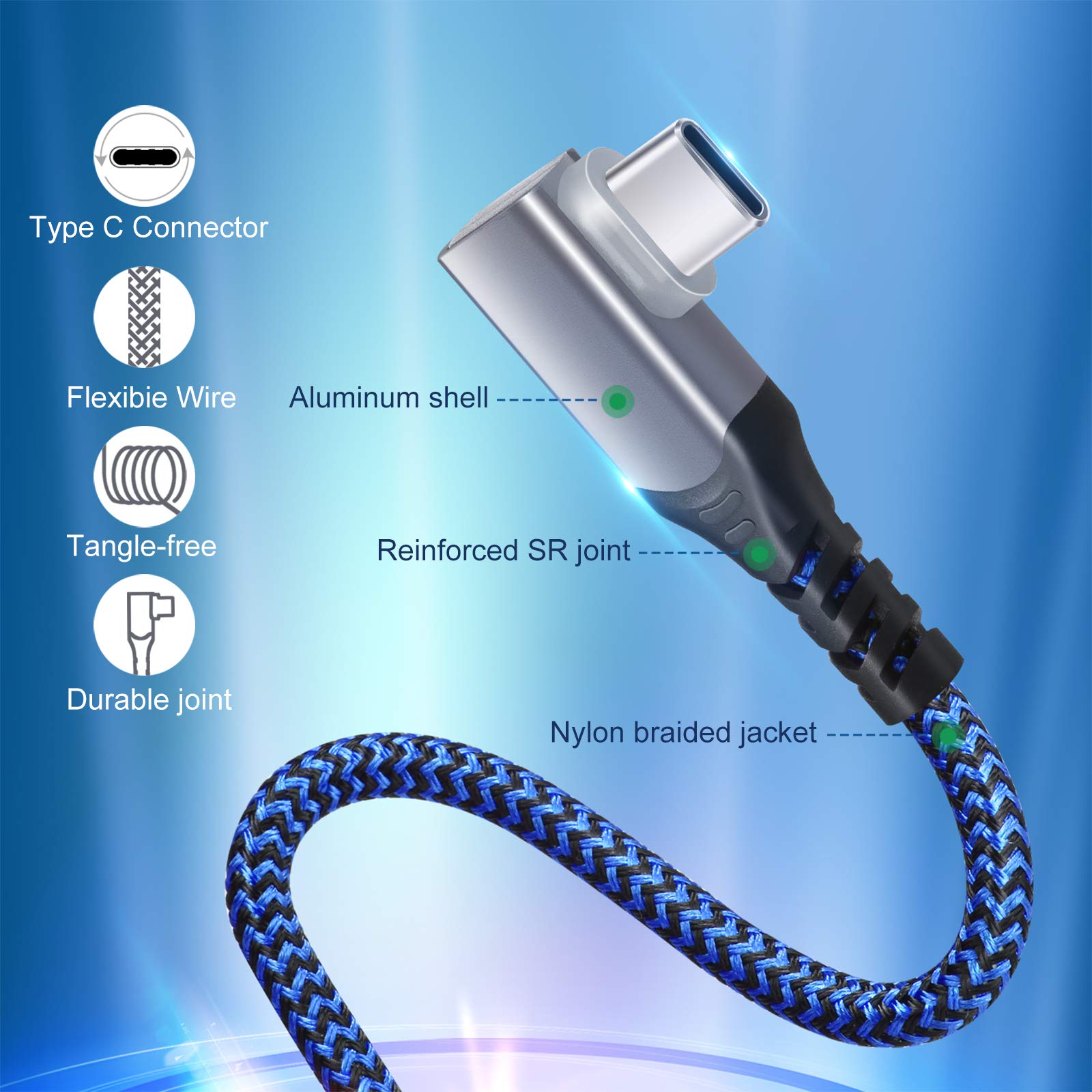 [Paquete de 6] Cable USB tipo C en ángulo recto, [6.6t] 90 grados C cable de carga rápida trenzado para iPhone 16/15, Galaxy S24/S23/A15/A03s/S10/S9/S8/Note, LG, Moto, Pixel, teléfonos Android