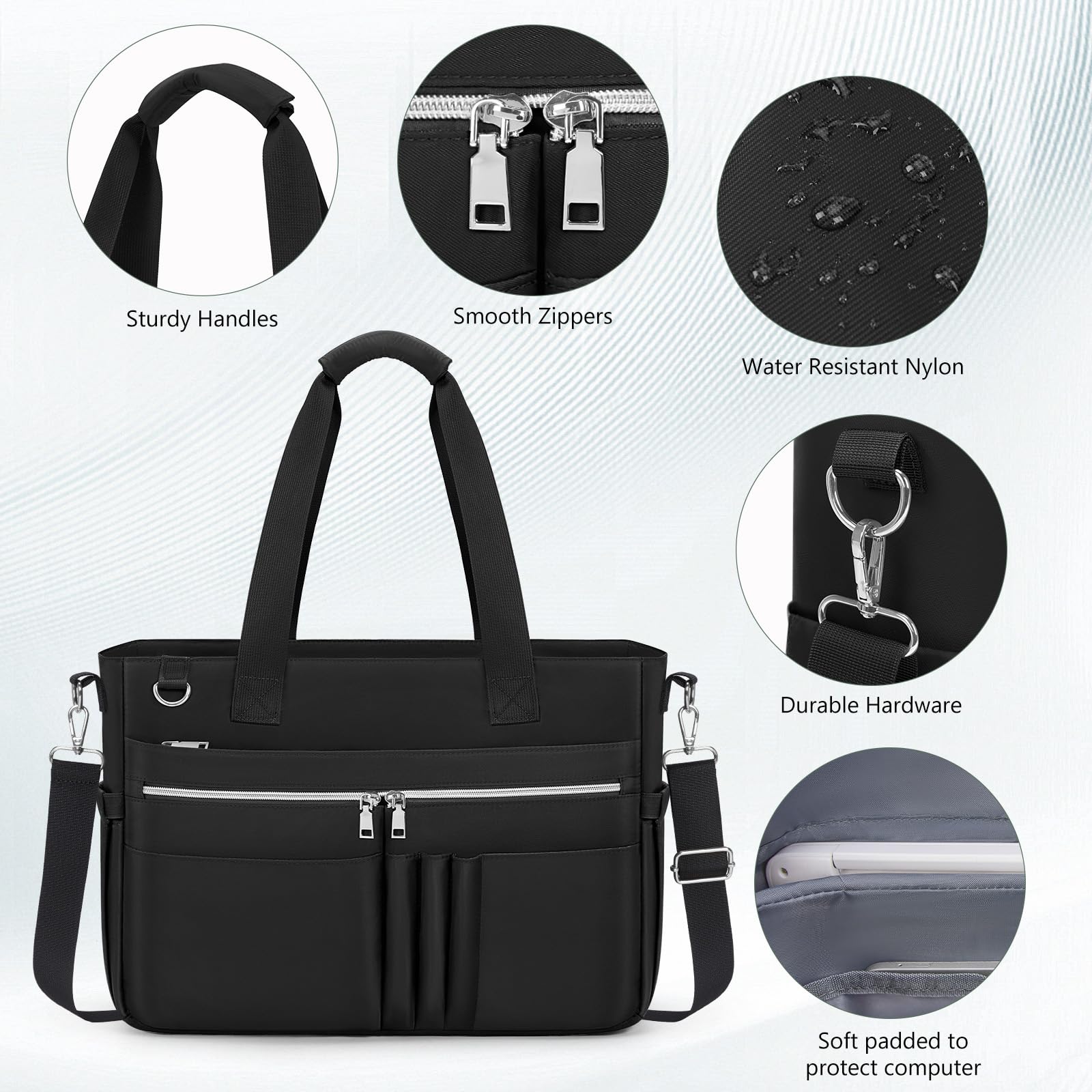 RAINSMORE Lehrertasche Damen 15,6 Zoll Laptoptasche Groß Arbeitstasche mit Isolierter Tasche Wasserabweisende Handtasche Shopper Tasche für Arbeit Büro Uni Reisen Business Schwarz