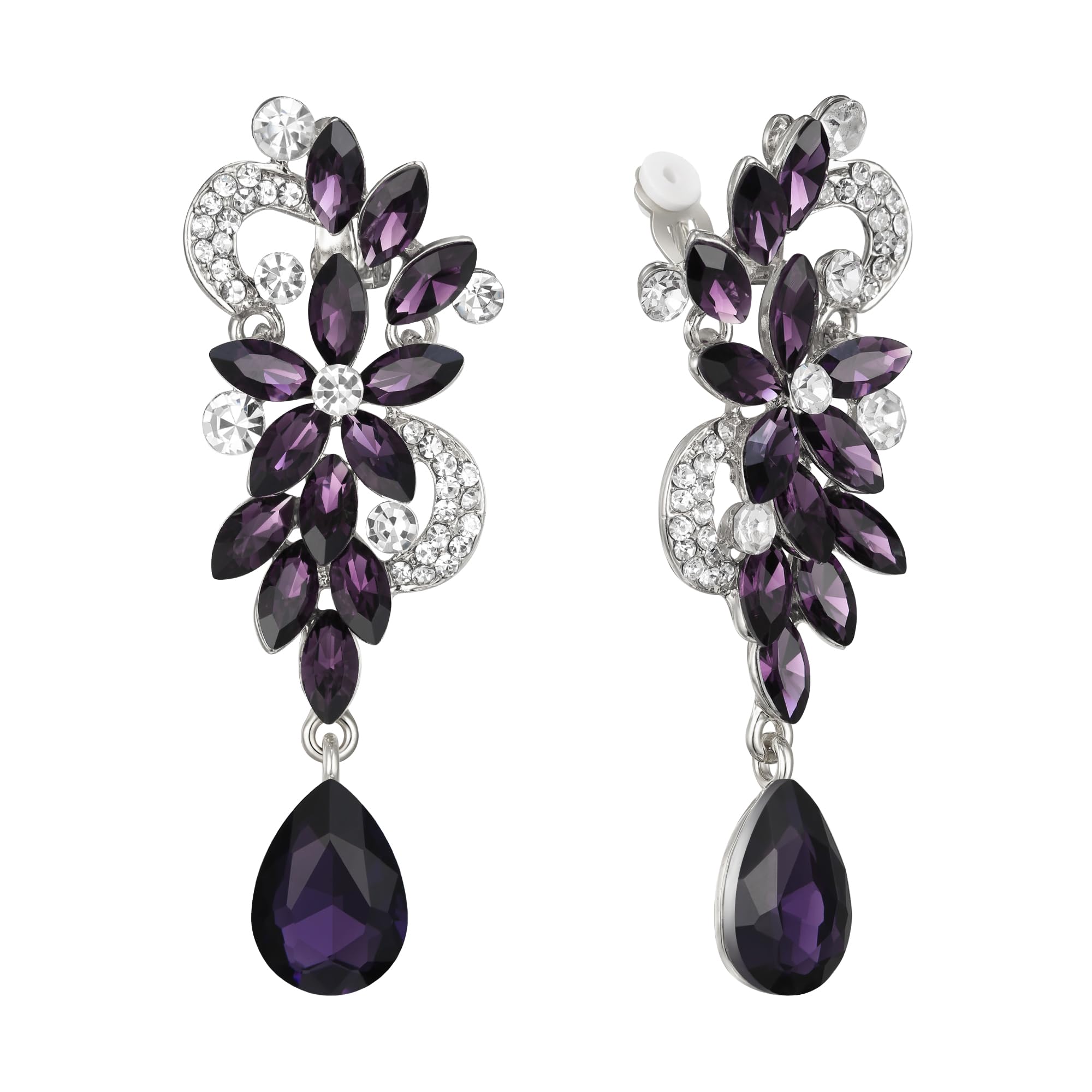 BriLove Women's Bohemian Boho Crystal Flower Wedding Bridal Chandelier Teardrop Bling Clip-On Dangle Earrings