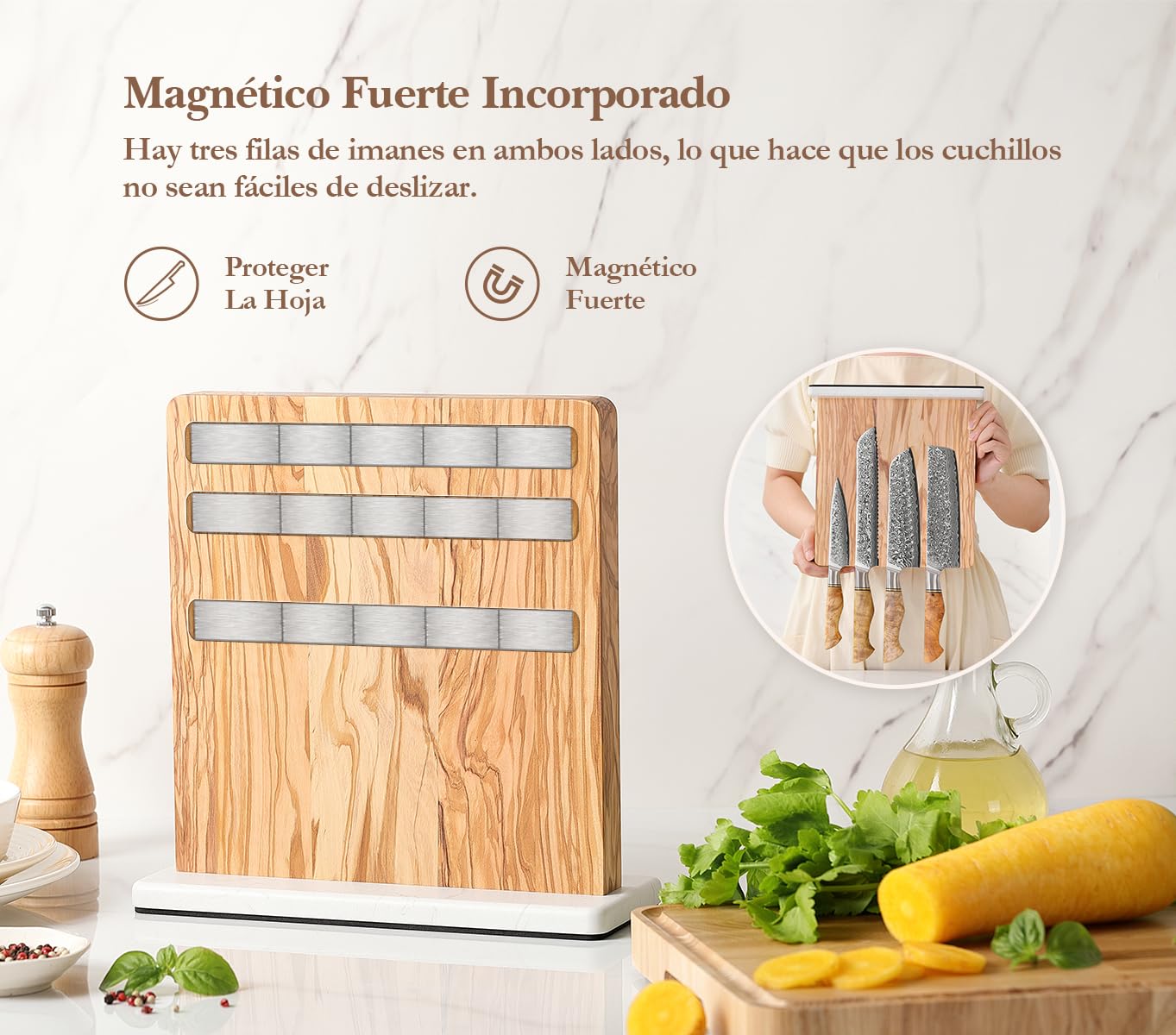 HEZHEN Soporte para Cuchillos Magnético Doble Cara, Bloque de Cuchillos de Madera de Olivo, Portacuchillos Organizador con Base Antideslizante de Mármol