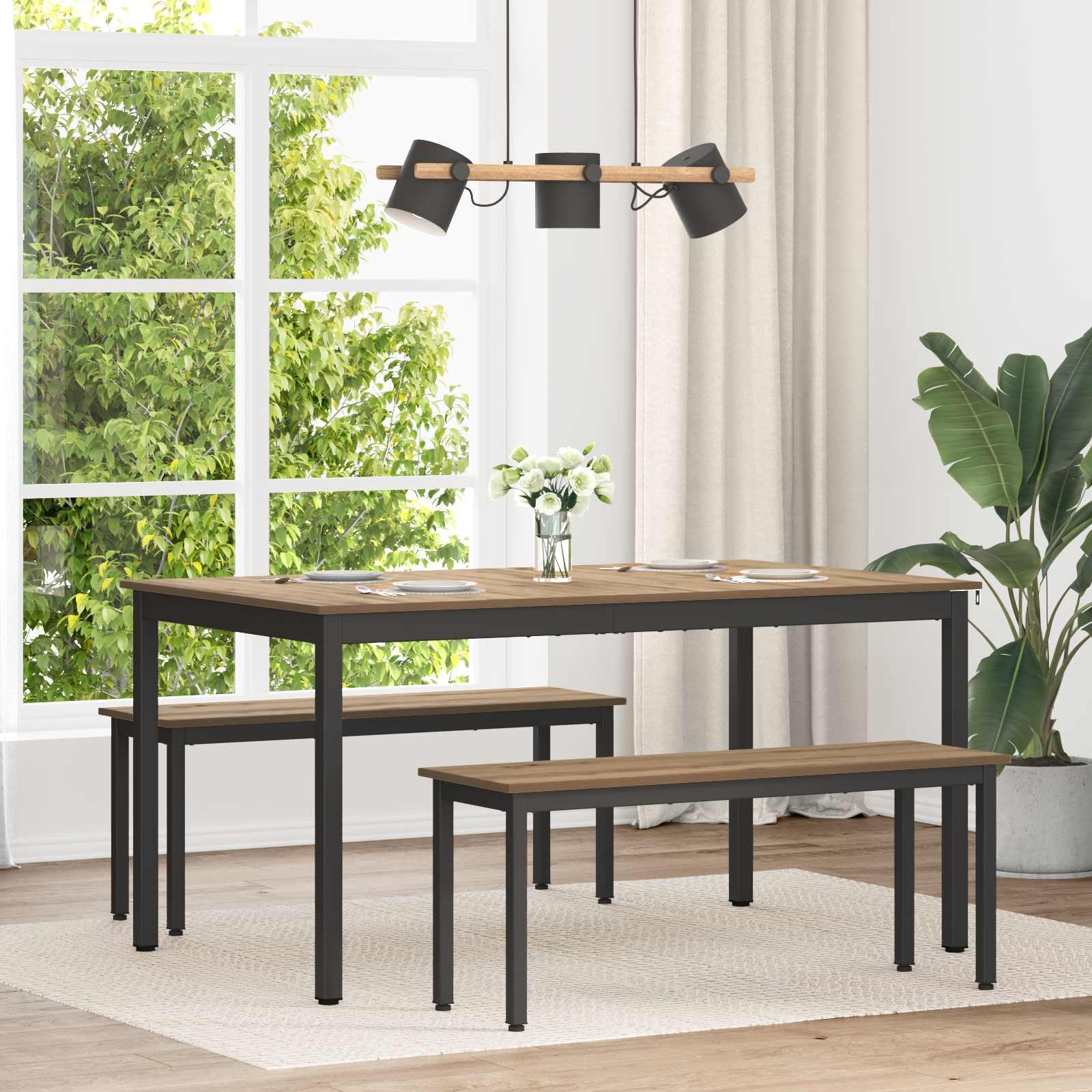 Mesa de comedor de 150 x 78 x 75 cm, marco de metal rectangular, mesa de cocina robusta con superficie de madera, mesa de comedor estable para comedor, diseño moderno, ahorra espacio y es