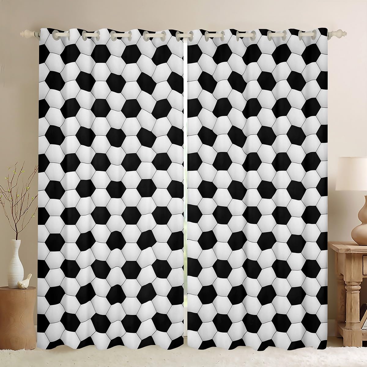 jejeloiu Football Room Darkening Blackout Curtain Soccer Ball Game Curtains for Bedroom Living Room for Kids Boys Girls Teens Soccer Black White