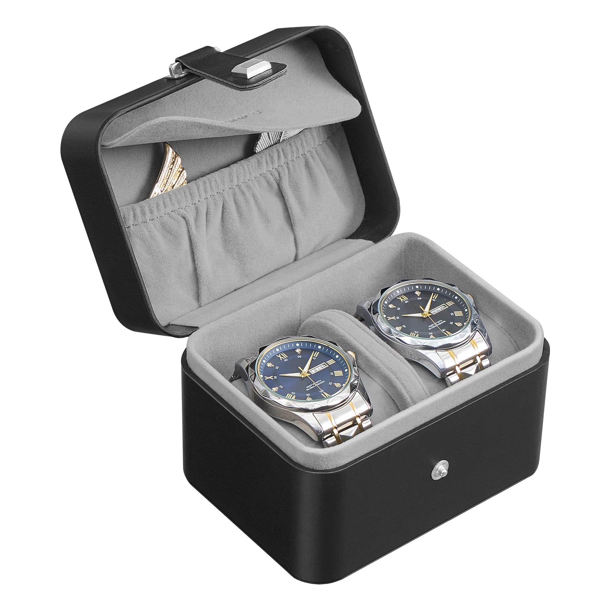 SONGMICS JWB029GD01 pudełko na zegarki do podróży z 2 przegródkami, etui na 2 zegarki, poduszka z ukrytym przechowywaniem, regulowana przegródka, kieszeń z klapką, 10,1 x 12 x 8,5 cm, pomysł na