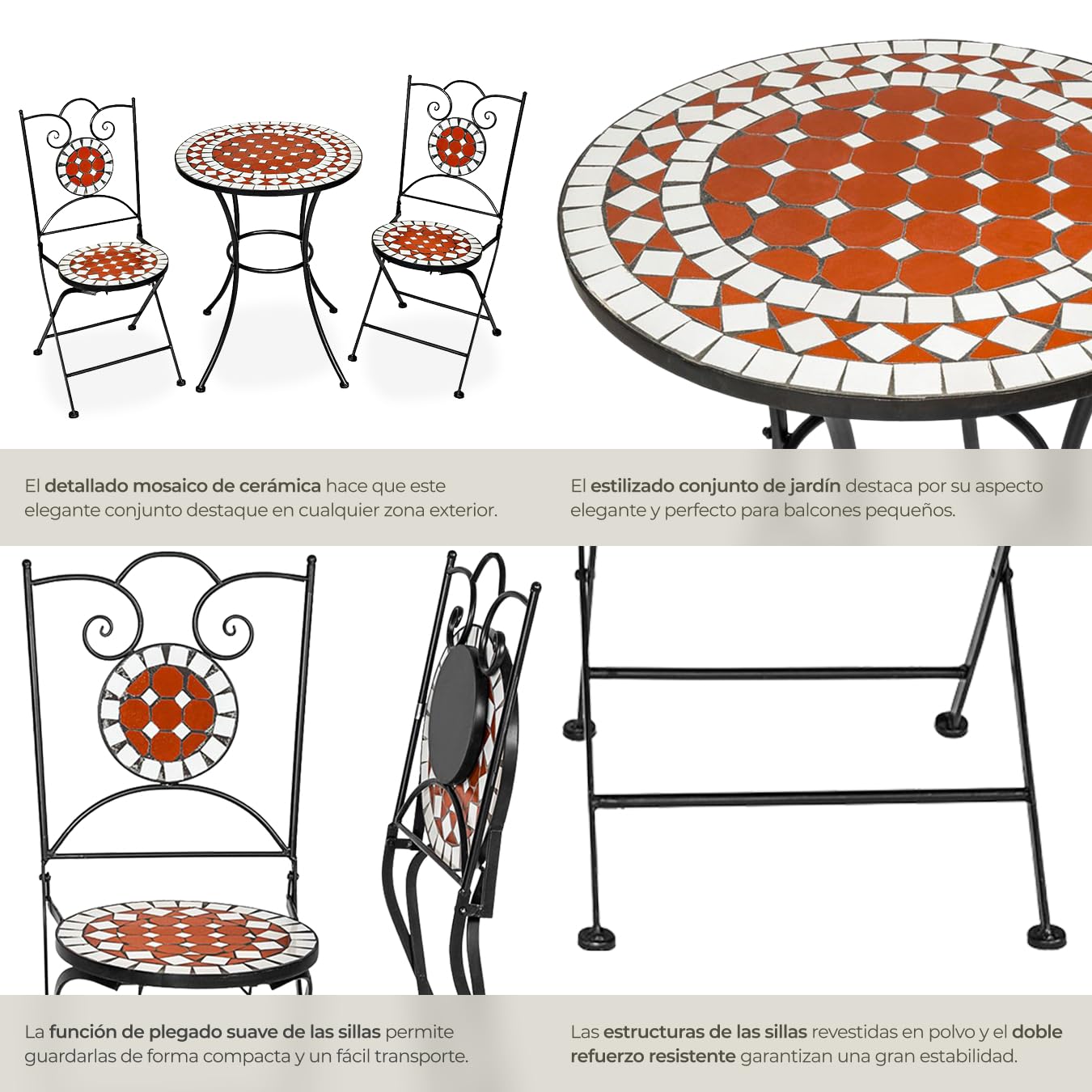 tectake® Conjunto Muebles Jardín Exterior de Metal y Cerámica, 1 Mesa y 2 Sillas Plegables, Muebles Terraza Impermeables y Resistentes a Intemperie, Gran Capacidad de Carga, Fácil Limpieza - marrón