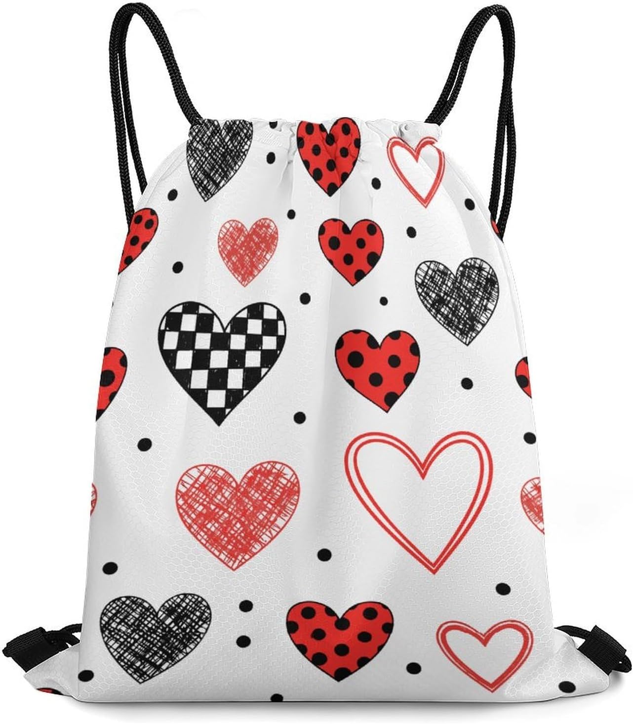 Spacious String Backpack Drawstring Closure Gym Modern Red Black White Patterned Heart Print 35 * 42cm