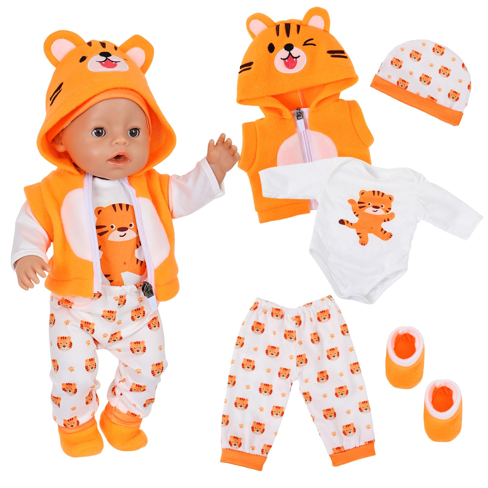 Puppenkleidung für 35-43 cm Baby Puppen, Enthält 1 Kapuzenjacke 1 Hosen 1 Weste 1 Tigerhüt 1 Paar Socken, 5 Stück Cartoon Tiger Kleidung für 14-18 Zoll New Born Baby Puppen, Puppenkleid Set Geschenk