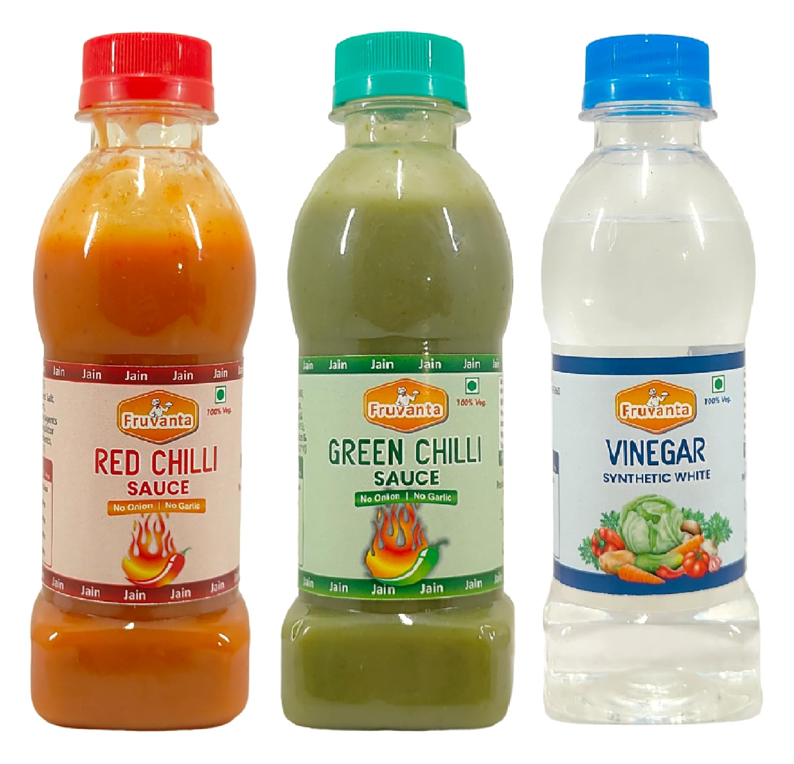 Fruvanta Jain Sauce Without Onion/garlic/Potato, Green Chilli Sauce (200gm), Red Chilli Sauce (200gm) and vinegar (200gm) (Pack of 3)