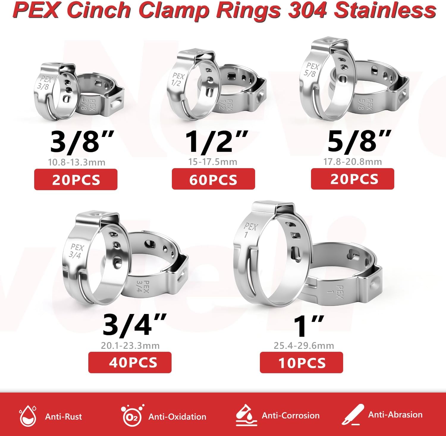 Newdeli 150Pcs Pex Crimp Rings 3/8" 1/2" 3/4" 5/8" 1" PEX Clamps Single Ear Hose Clamps Pex Fittings Cinch Pinch Clamp for Pipe Tubing Connections
