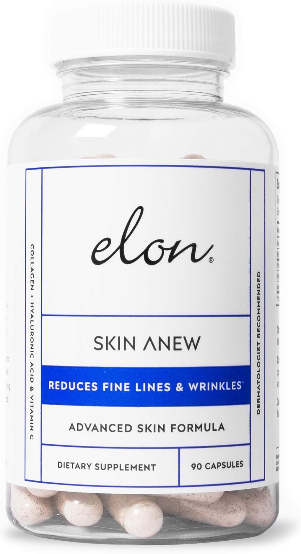 Elon Skin Anew with Hydrolyzed Collagen & Hyaluronic Acid & Grape Seed Extract & Antioxidants | Hydrating & Anti Aging Supplement for Vibrant Skin Health (90 Capsules)