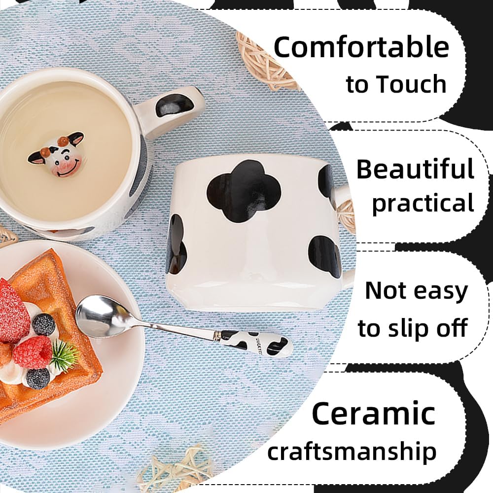 Cute Animal Coffee Mug with Lid and Spoon, Cute Cow Print Stuff Gifts, Ceramic Tea Cup, Kawaii Cup, Cartoon Coffee Cup gift for Women Office and Personal Birthday Christmas 480ml (3D Cow) image 5