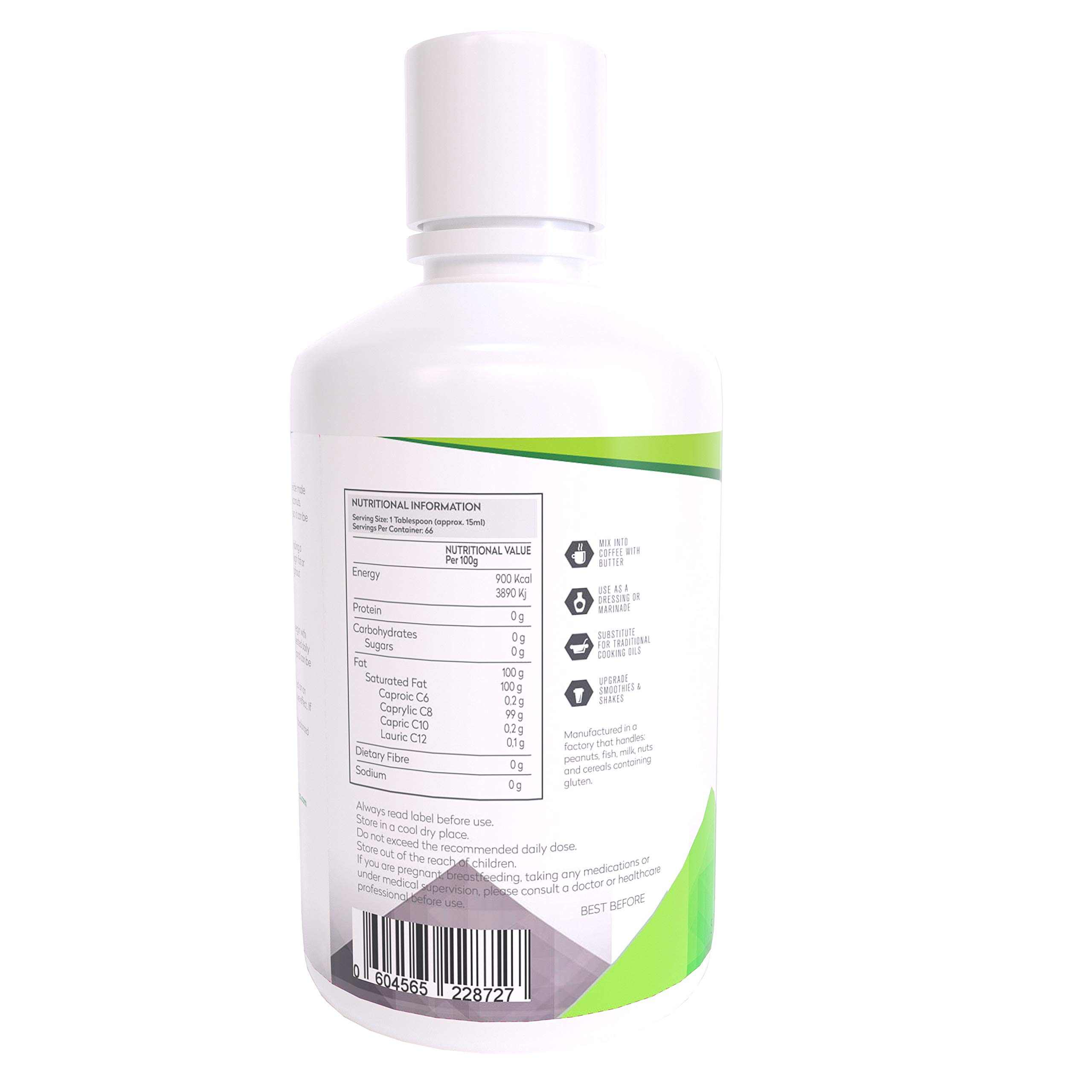 100% Aceite de coco C8 MCT | Pureza de 99% | Ácido Caprílico Puro C8 | NON_GMO | 1000ML | Paleo | Cetogénica | Vegana | Sin gluten | Sin BPA (1000ml Coco C8)